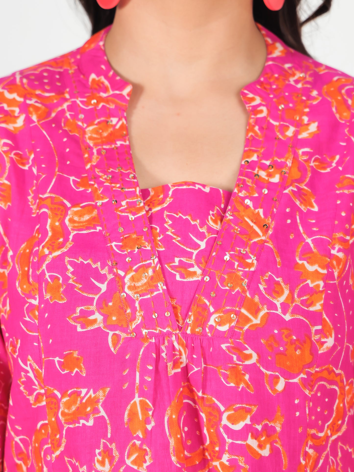 Embroidered Linen Cotton Abstract Flared Orange Kurta