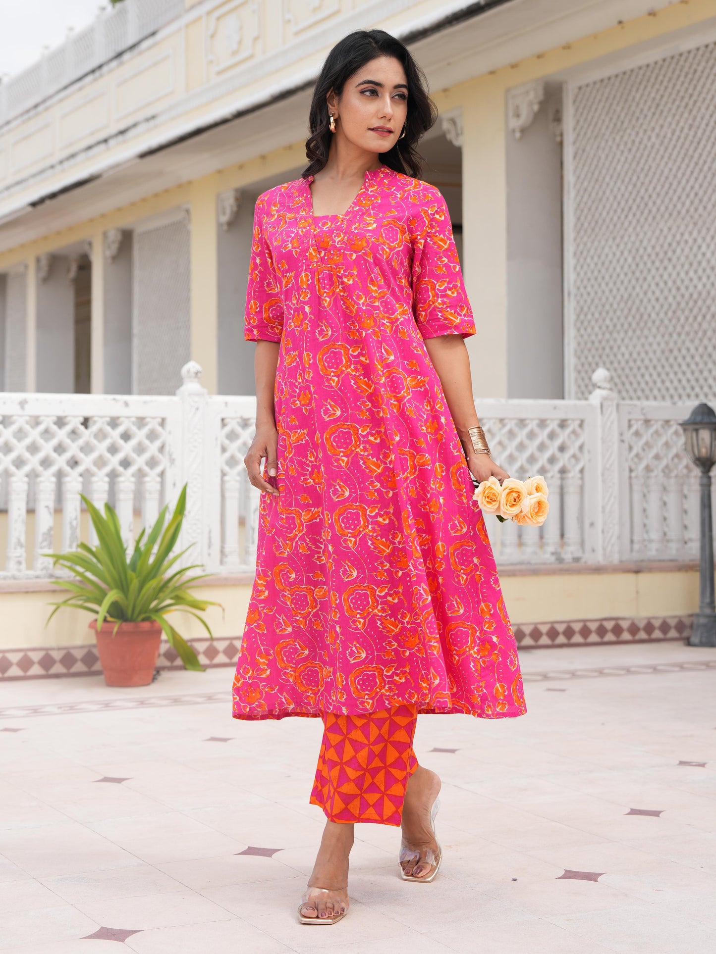 Embroidered Linen Cotton Abstract Flared Orange Kurta
