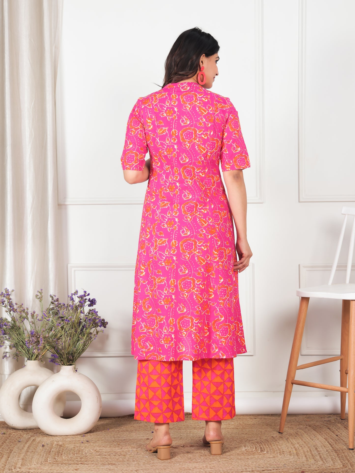 Embroidered Linen Cotton Abstract Flared Orange Kurta