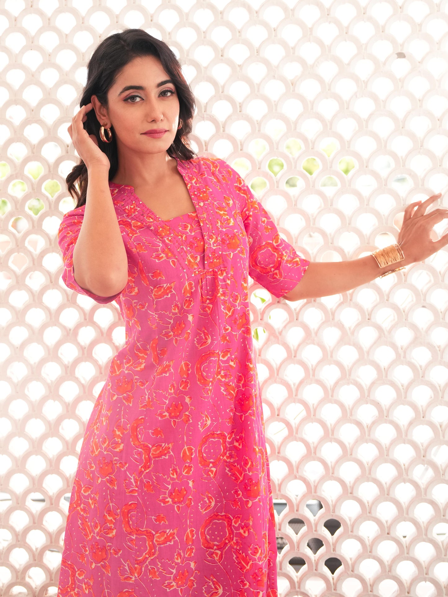 Embroidered Linen Cotton Abstract Flared Orange Kurta