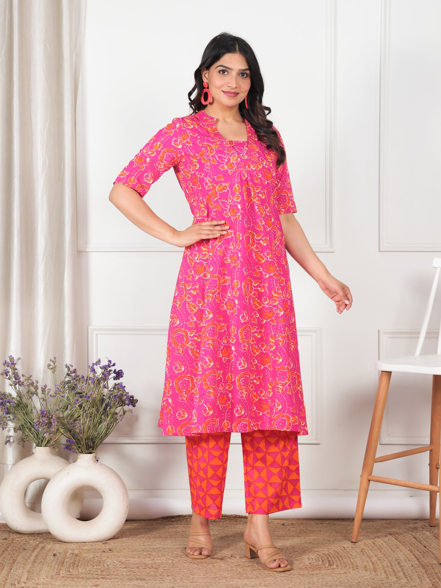 Embroidered Linen Cotton Abstract Flared Orange Kurta