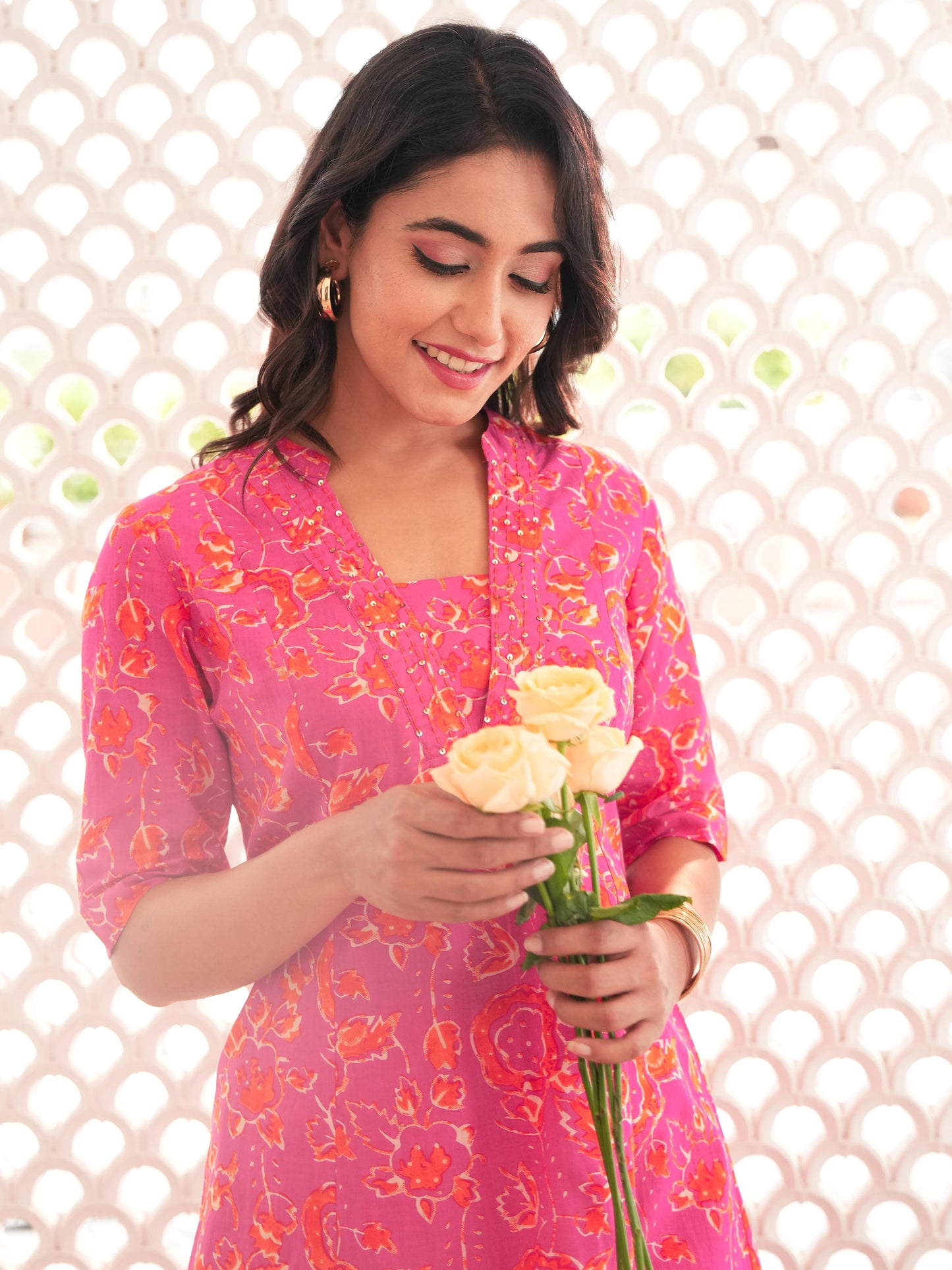 Embroidered Linen Cotton Abstract Flared Orange Kurta