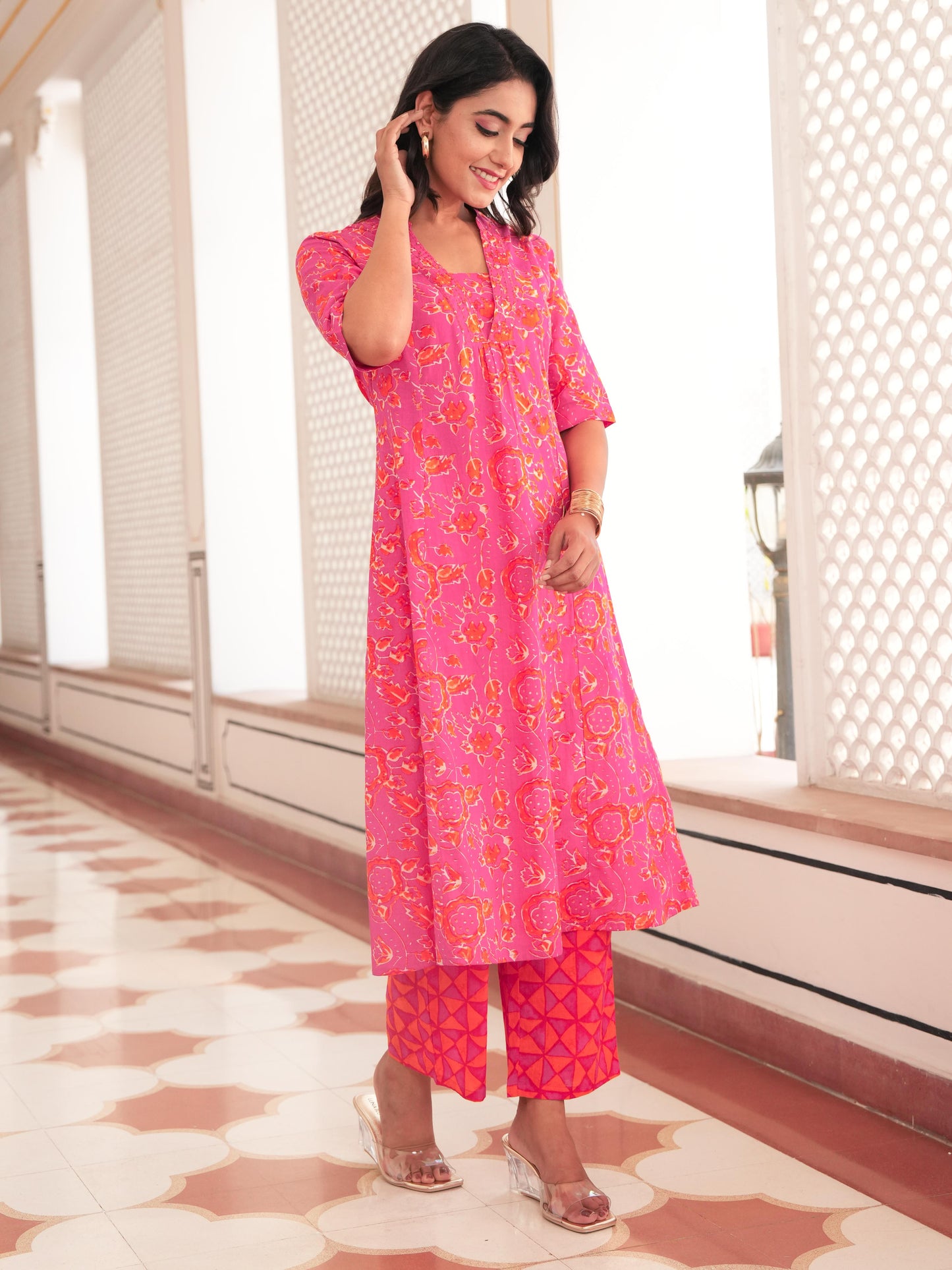 Embroidered Linen Cotton Abstract Flared Orange Kurta