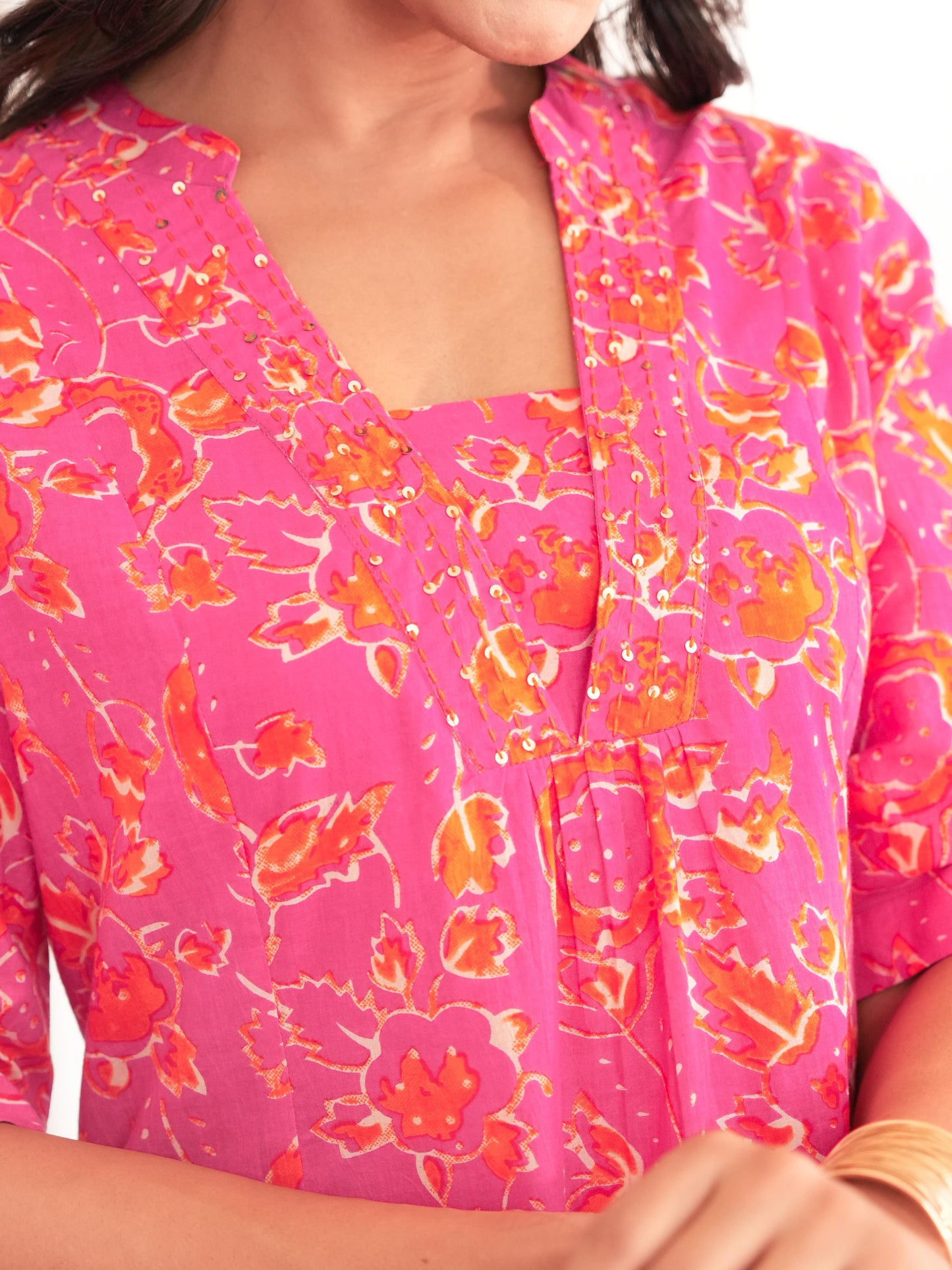 Embroidered Linen Cotton Abstract Flared Orange Kurta