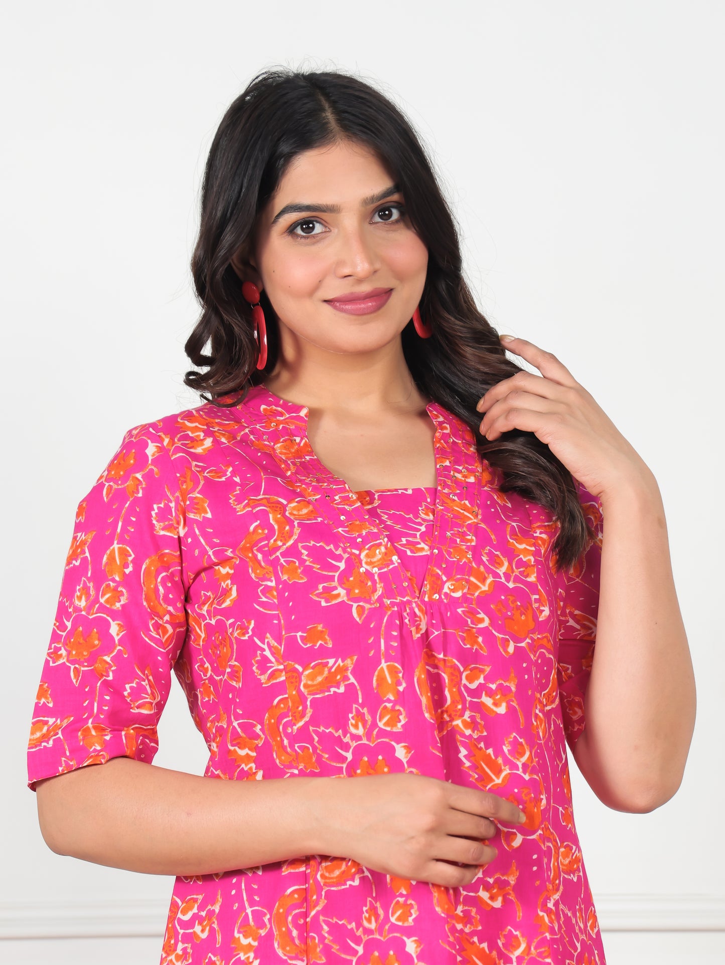 Embroidered Linen Cotton Abstract Flared Orange Kurta