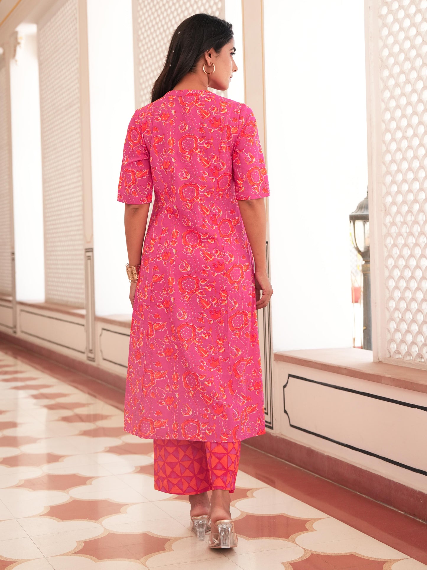 Embroidered Linen Cotton Abstract Flared Orange Kurta