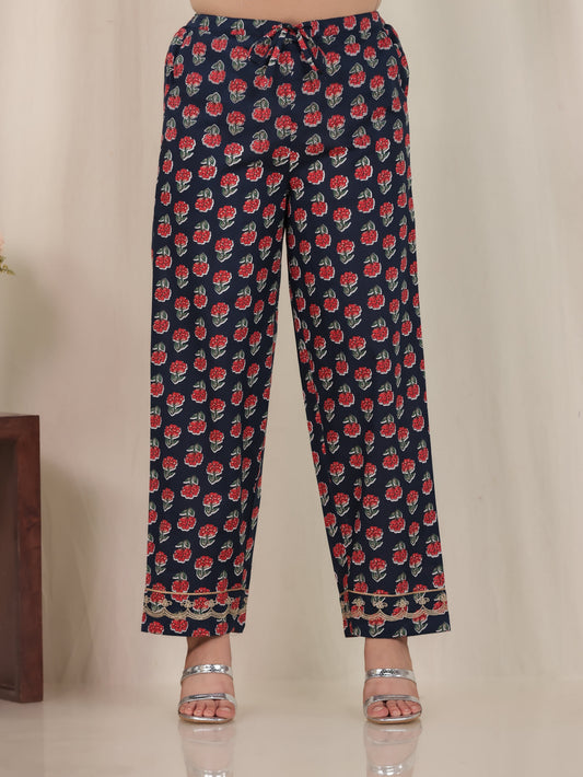 Embroidered Soft Cotton Floral Navy Blue Straight Trousers