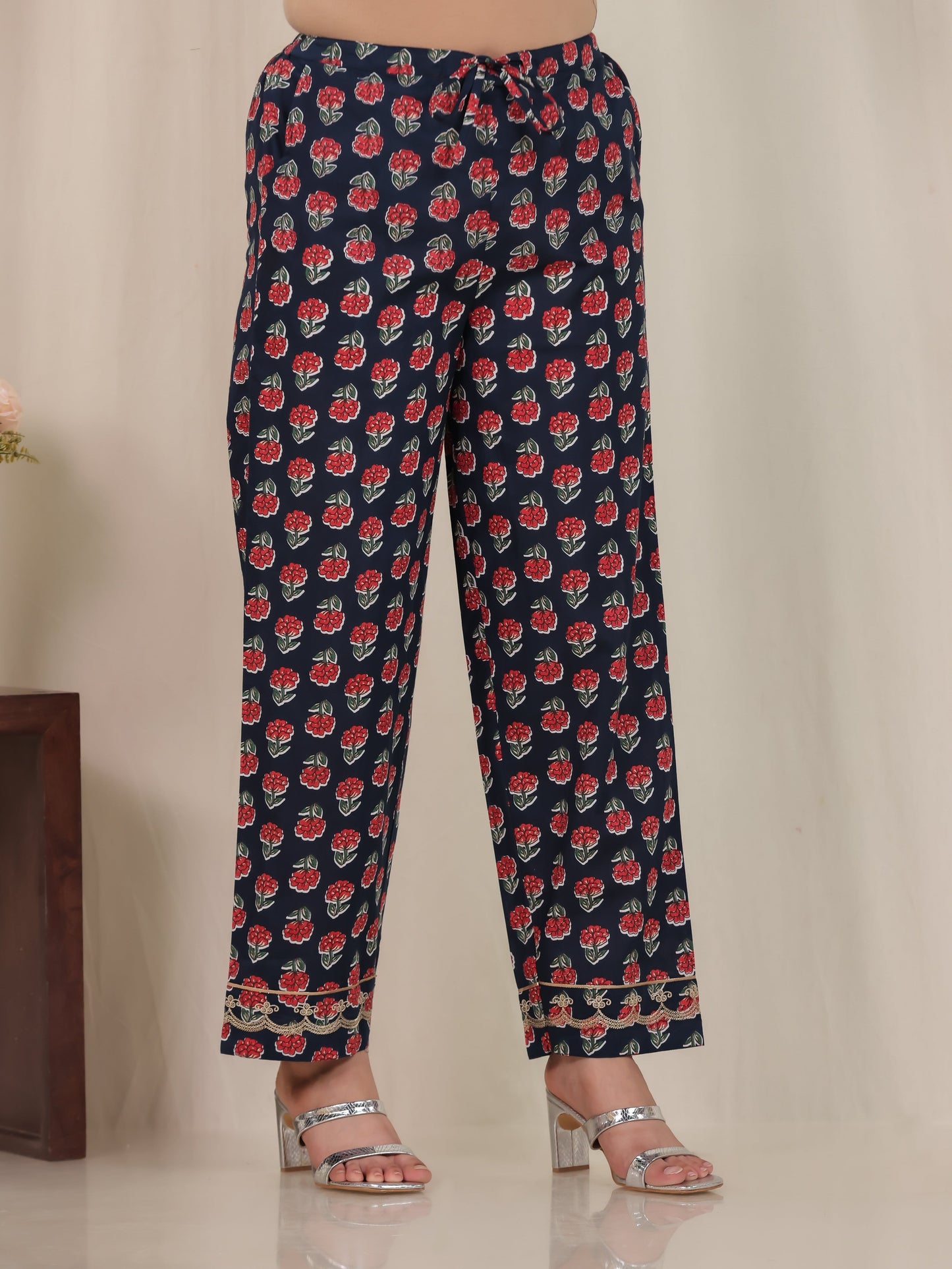 Embroidered Soft Cotton Floral Navy Blue Straight Trousers