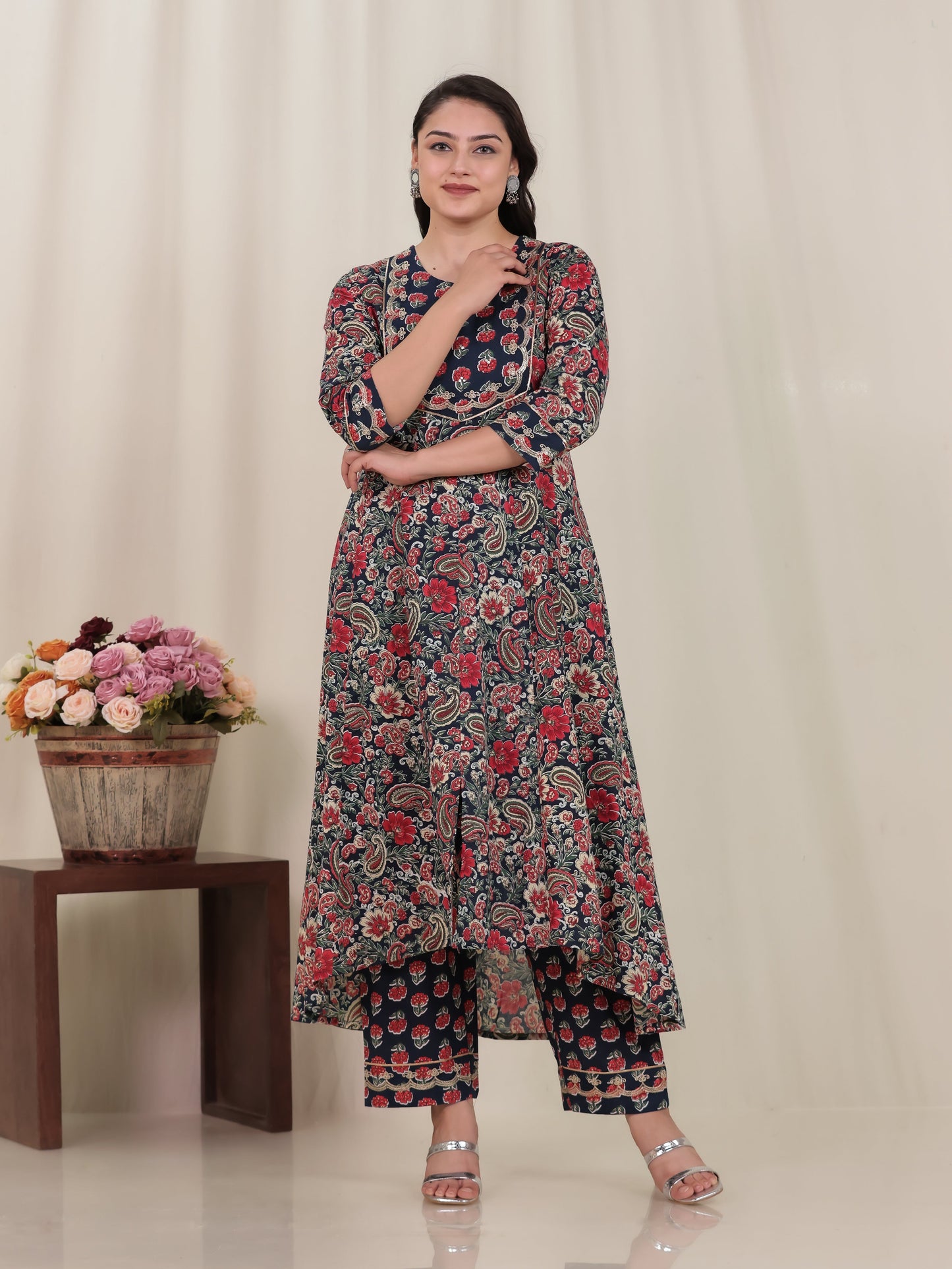 Embroidered Soft Cotton Floral Anarkali Navy Blue Kurta
