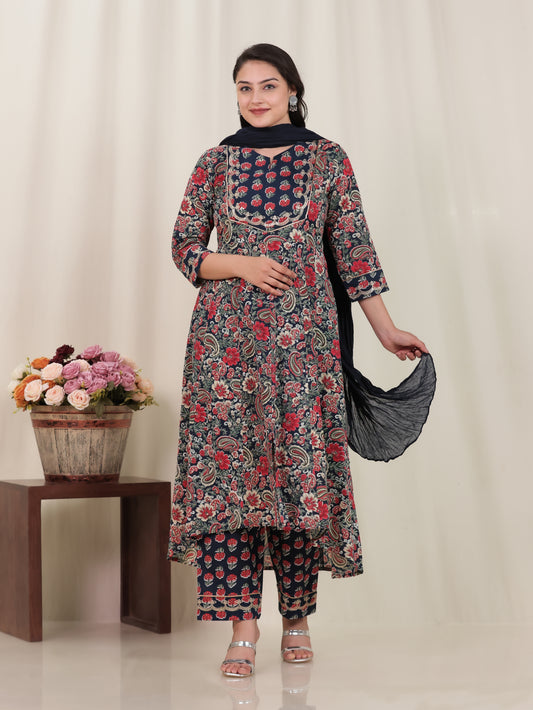 Embroidered Soft Cotton Floral Anarkali Navy Blue Kurta
