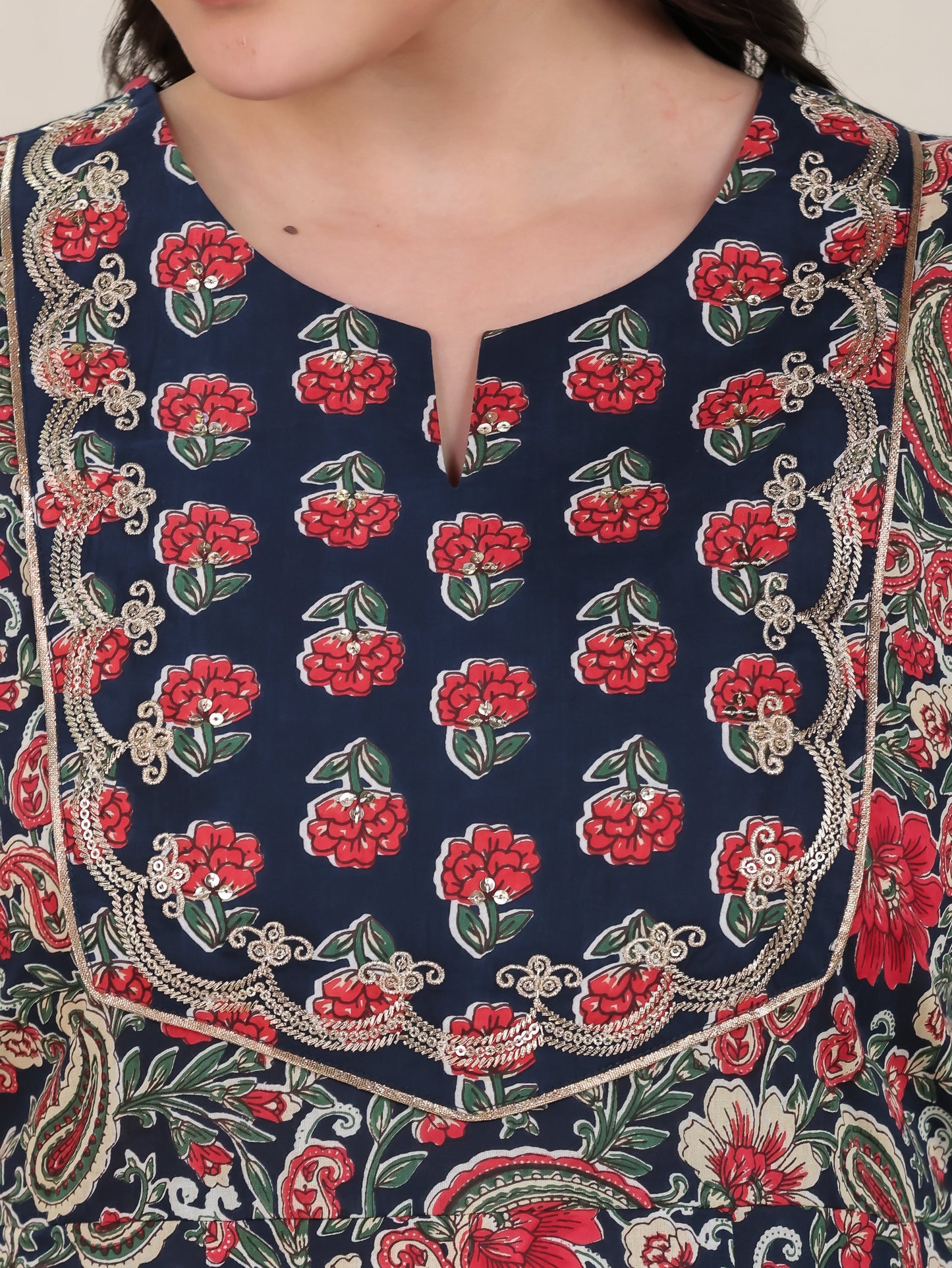 Embroidered Soft Cotton Floral Anarkali Navy Blue Kurta