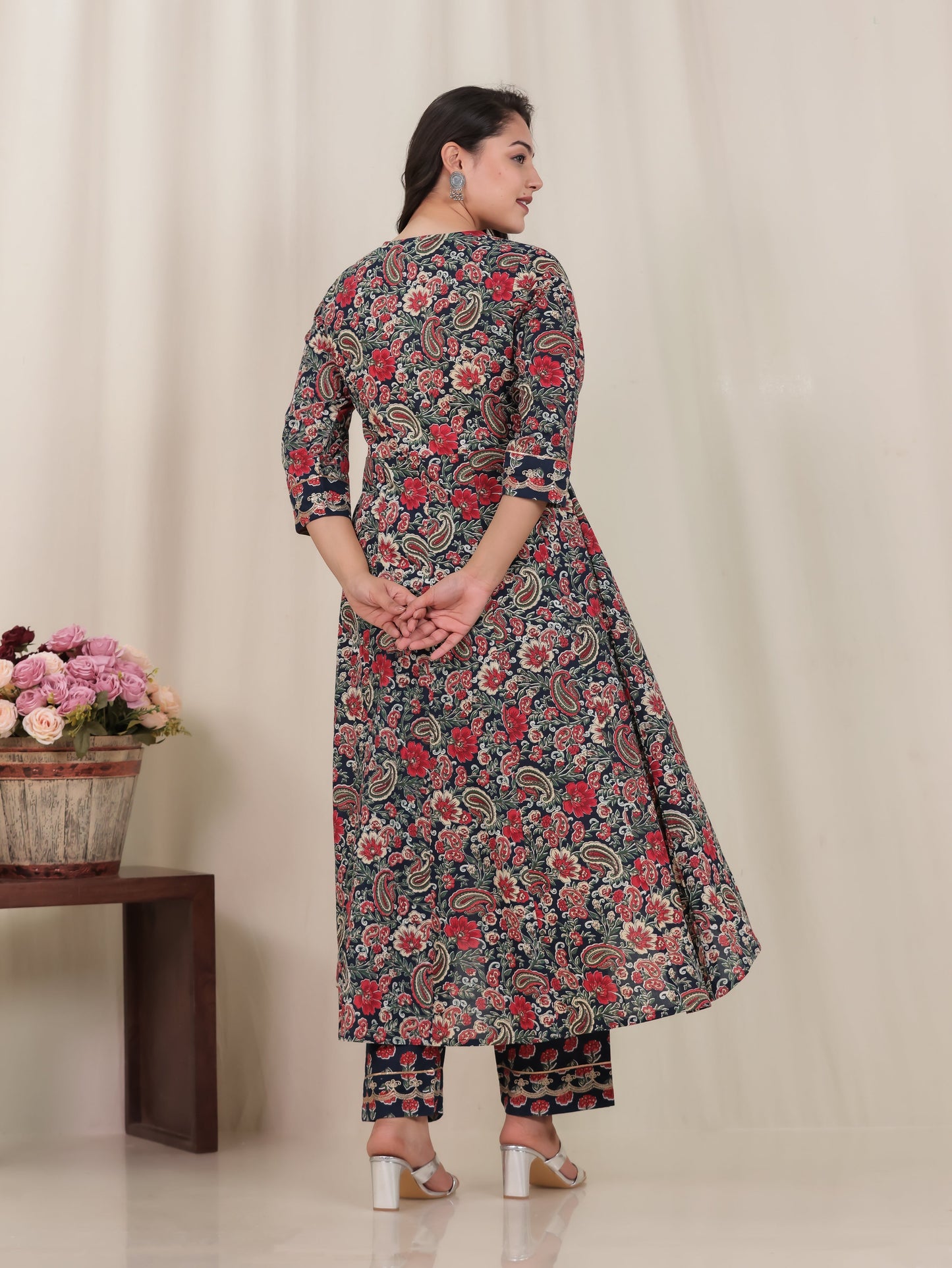 Embroidered Soft Cotton Floral Anarkali Navy Blue Kurta