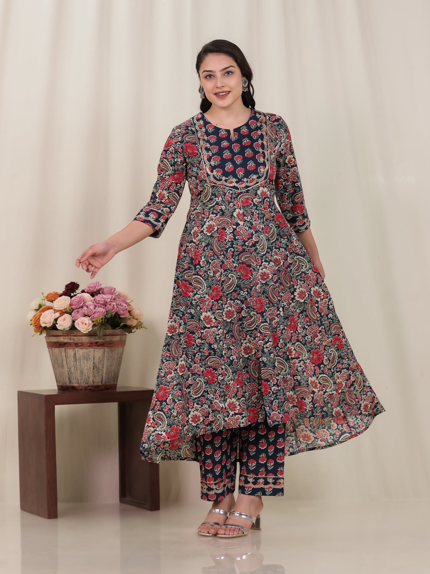 Embroidered Soft Cotton Floral Anarkali Navy Blue Kurta