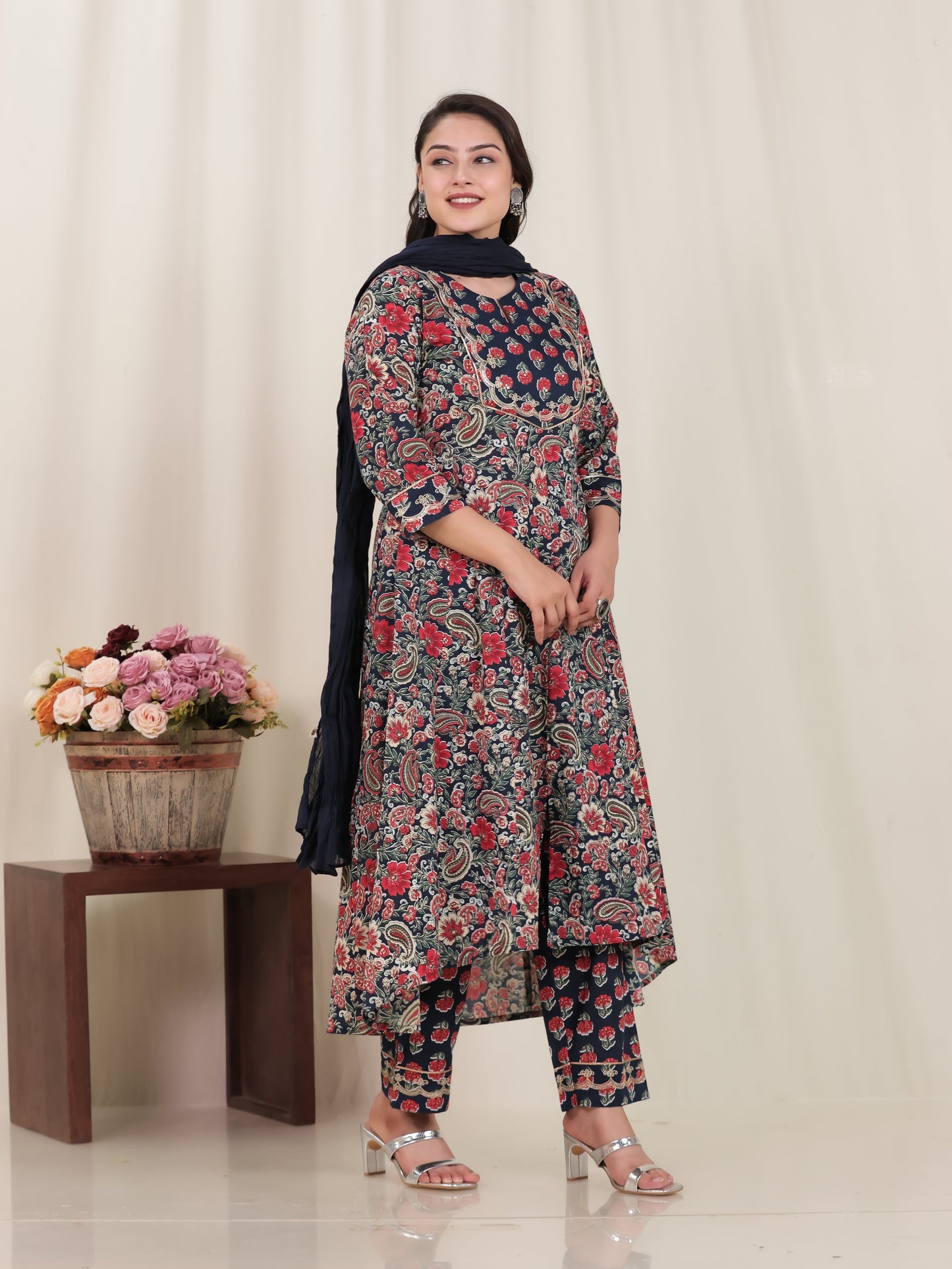 Embroidered Soft Cotton Floral Anarkali Navy Blue Kurta