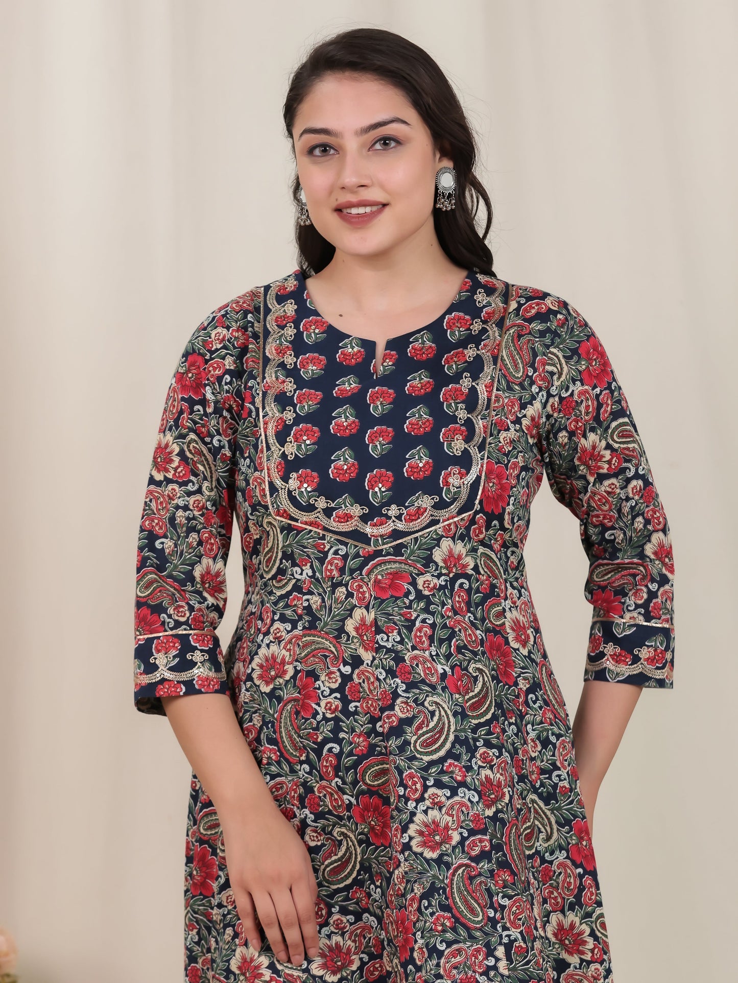 Embroidered Soft Cotton Floral Anarkali Navy Blue Kurta