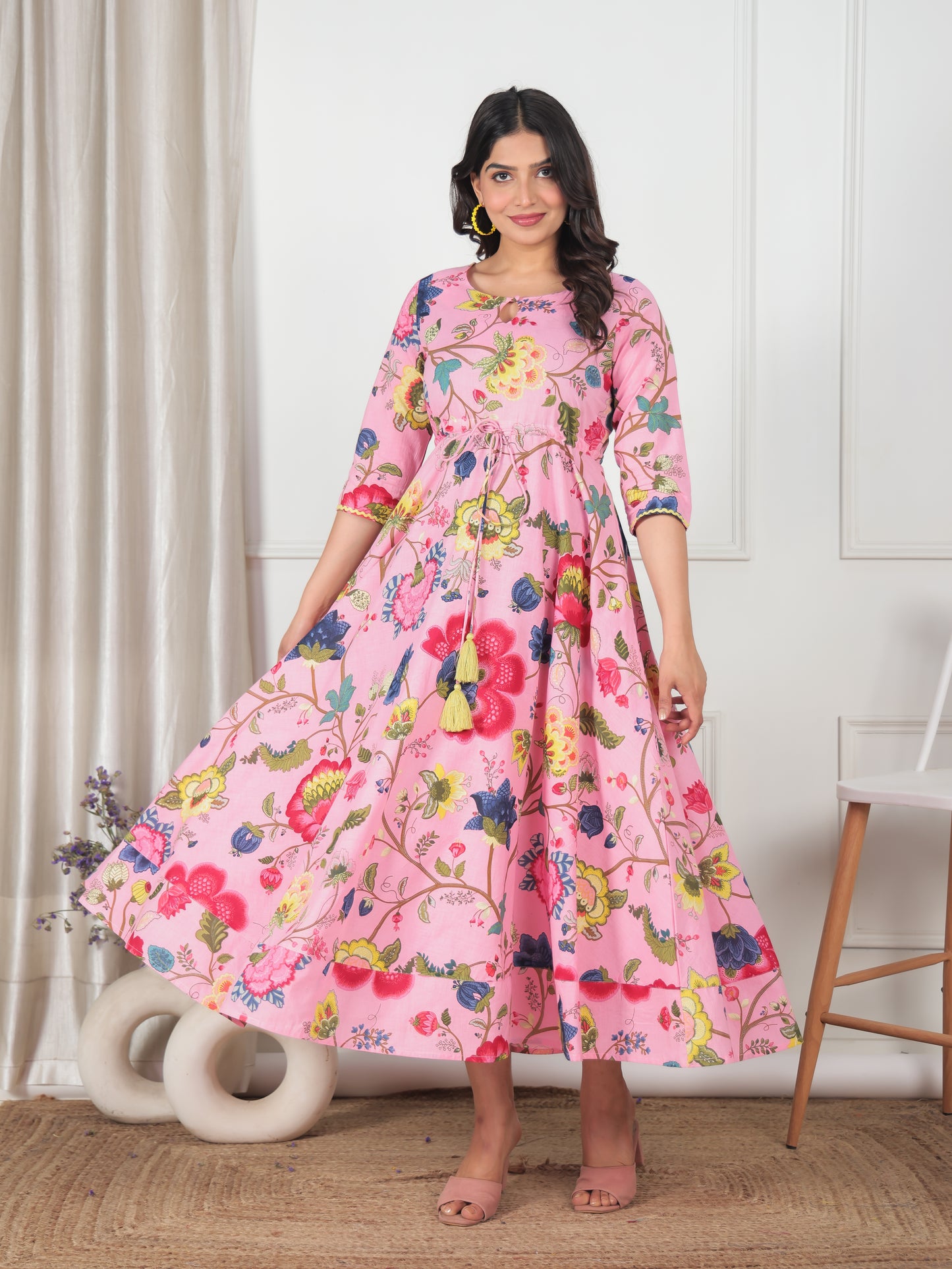 Soft Cotton Floral Anarkali Pink Dress