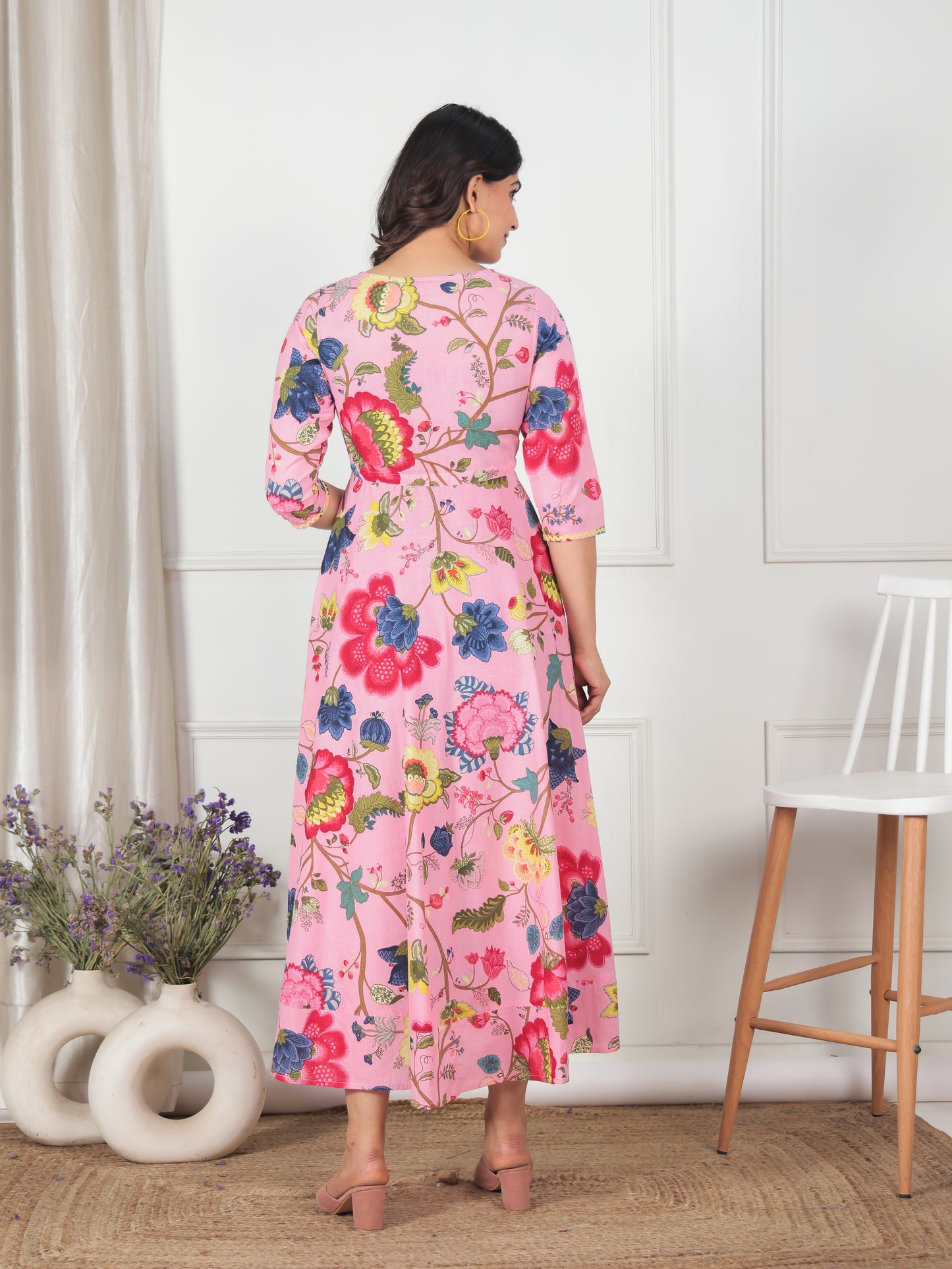 Soft Cotton Floral Anarkali Pink Dress