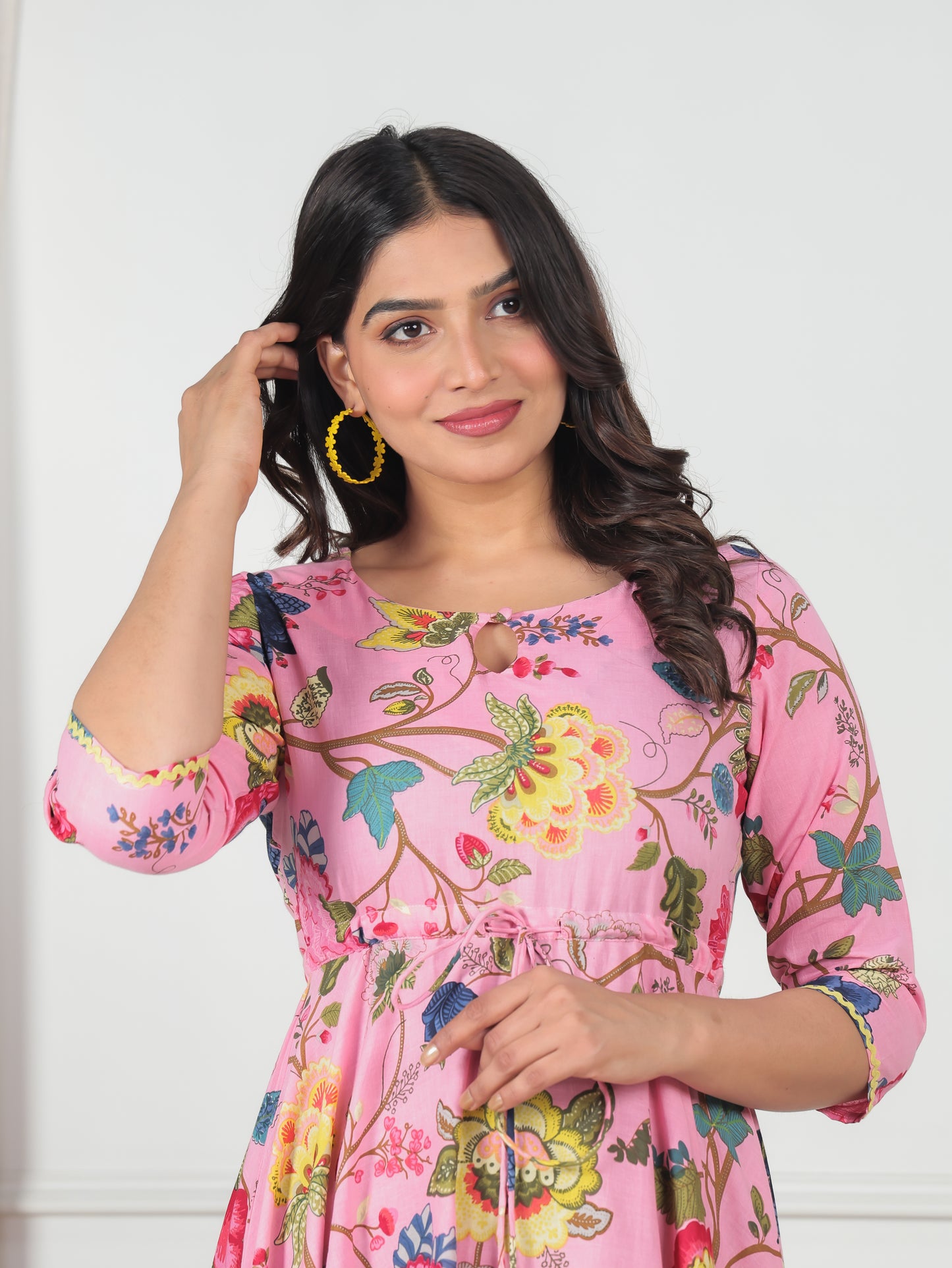 Soft Cotton Floral Anarkali Pink Dress