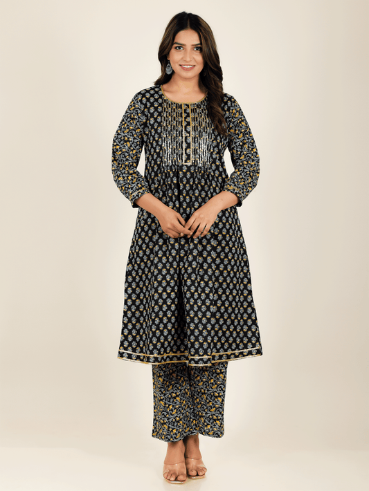 Soft Cotton Block A-line Black Kurta