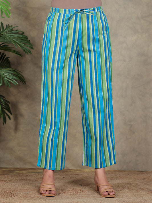 Soft Cotton Striped Green Straight Trousers