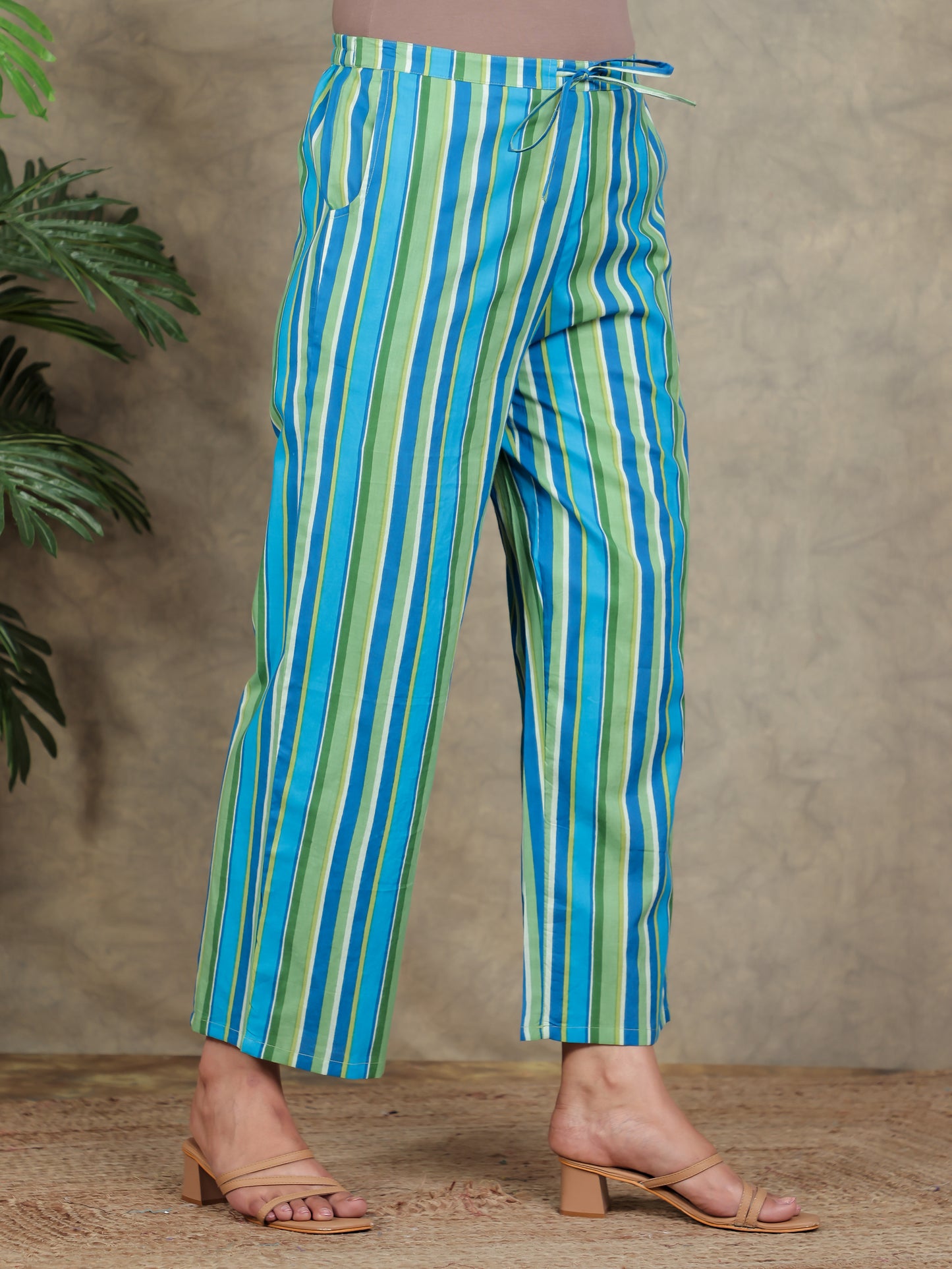 Soft Cotton Striped Green Straight Trousers