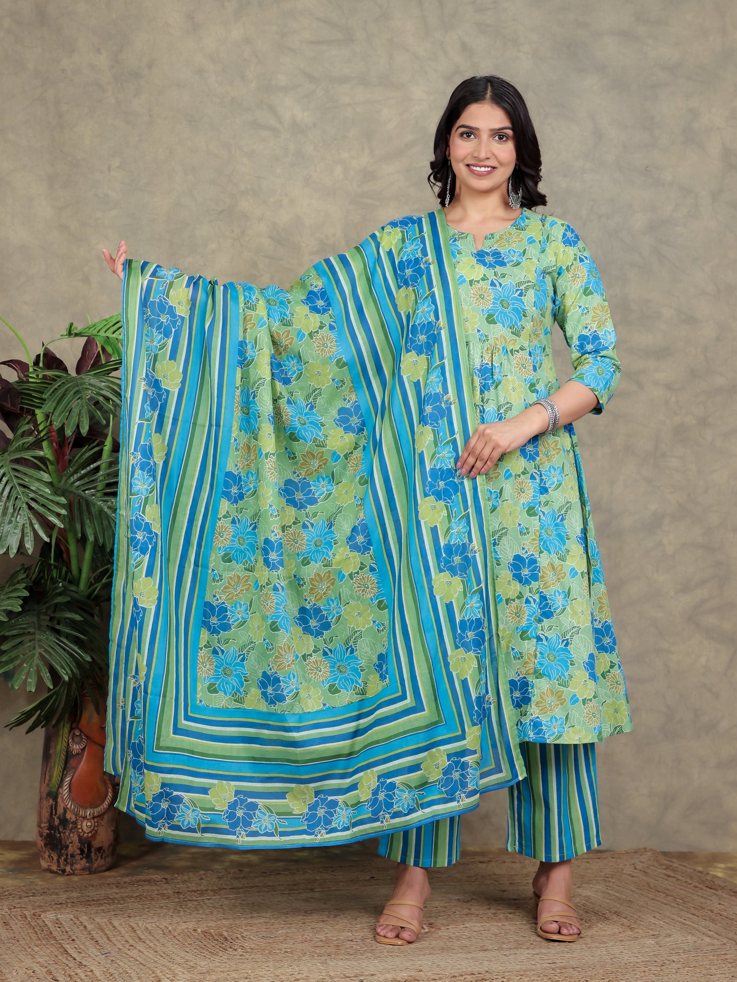 Cotton Voile Striped Green Dupatta