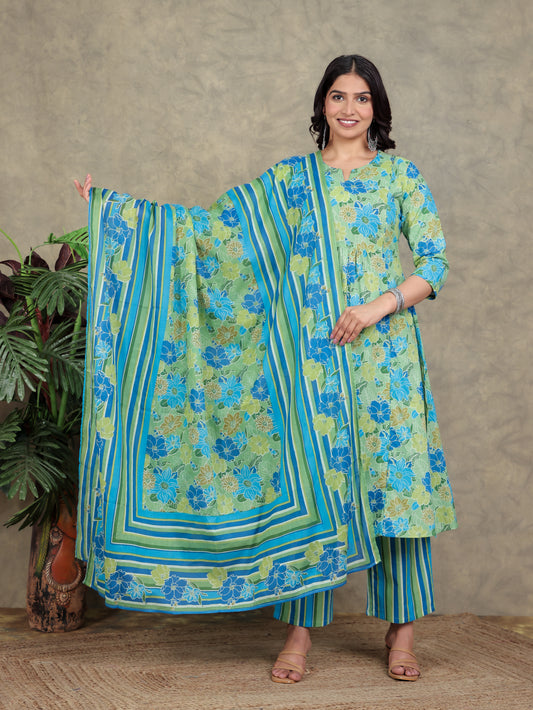 Cotton Voile Striped Green Dupatta