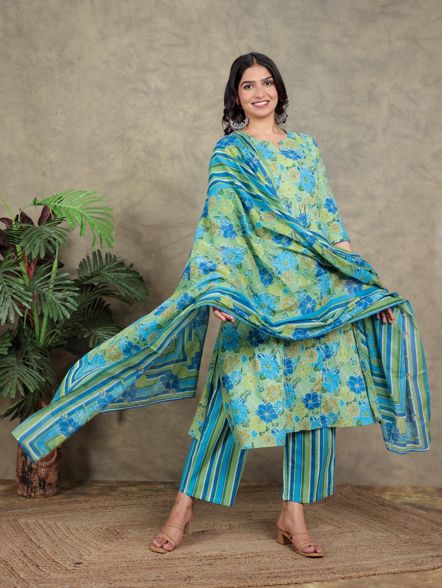 Cotton Voile Striped Green Dupatta