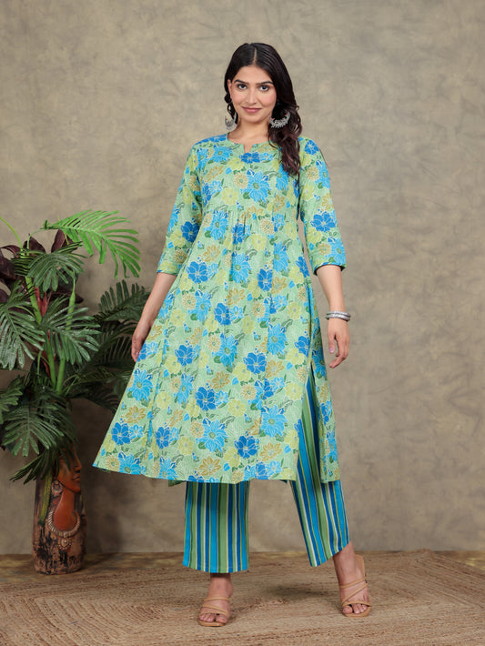 Soft Cotton Floral Panelled Green Kurta