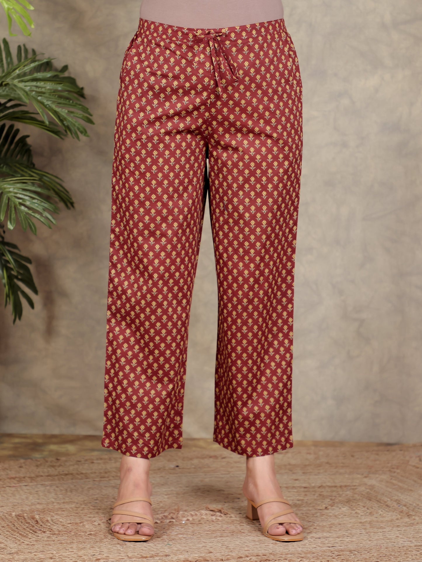 Soft Cotton Geometric Red Straight Trousers
