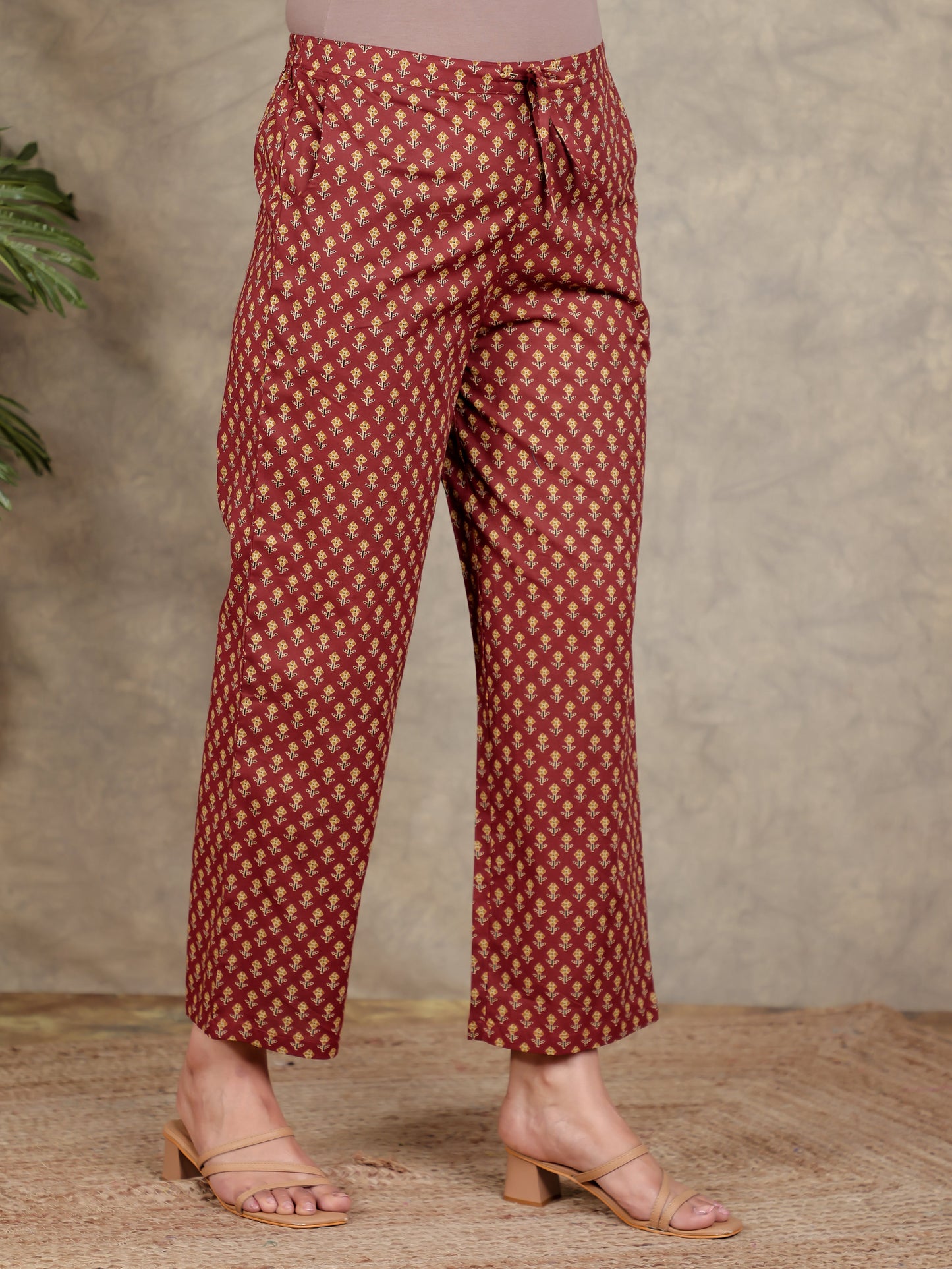 Soft Cotton Geometric Red Straight Trousers