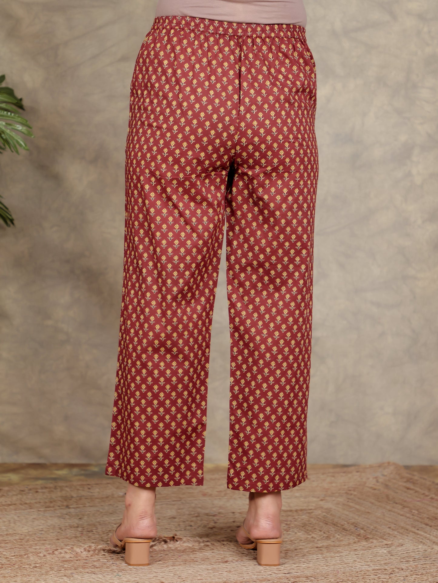 Soft Cotton Geometric Red Straight Trousers