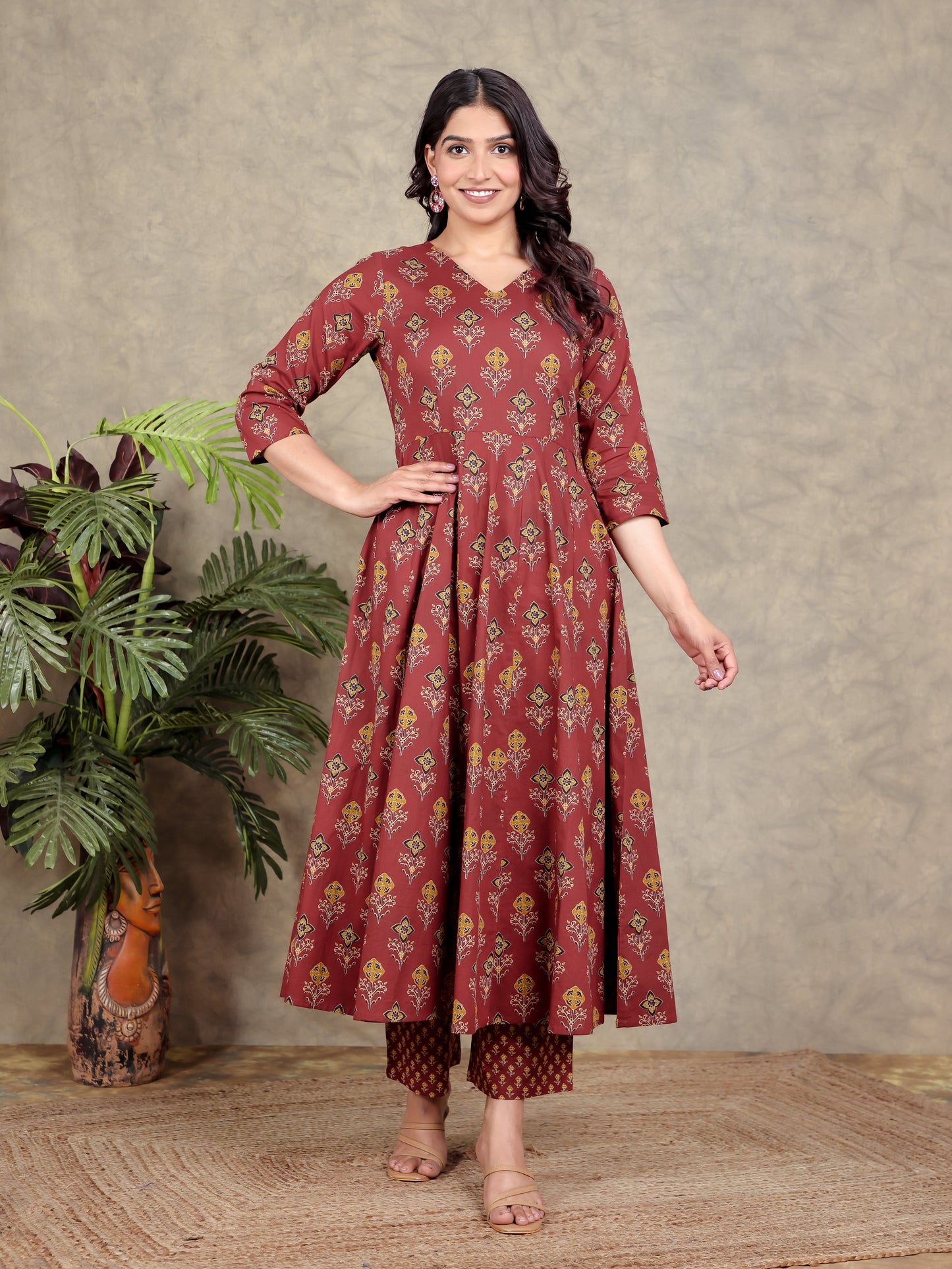 Soft Cotton Geometric Angrakha Red Kurta