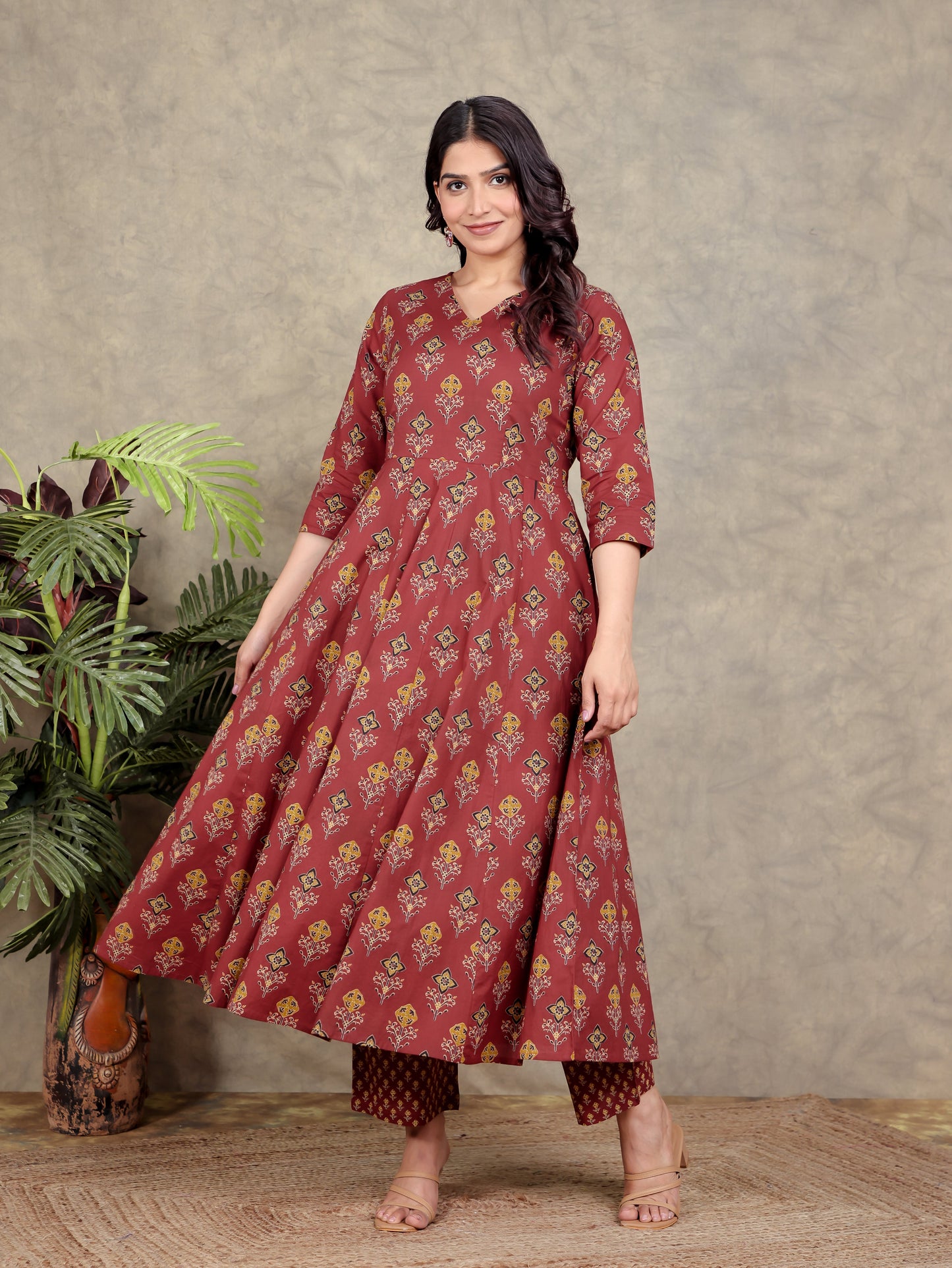 Soft Cotton Geometric Angrakha Red Kurta