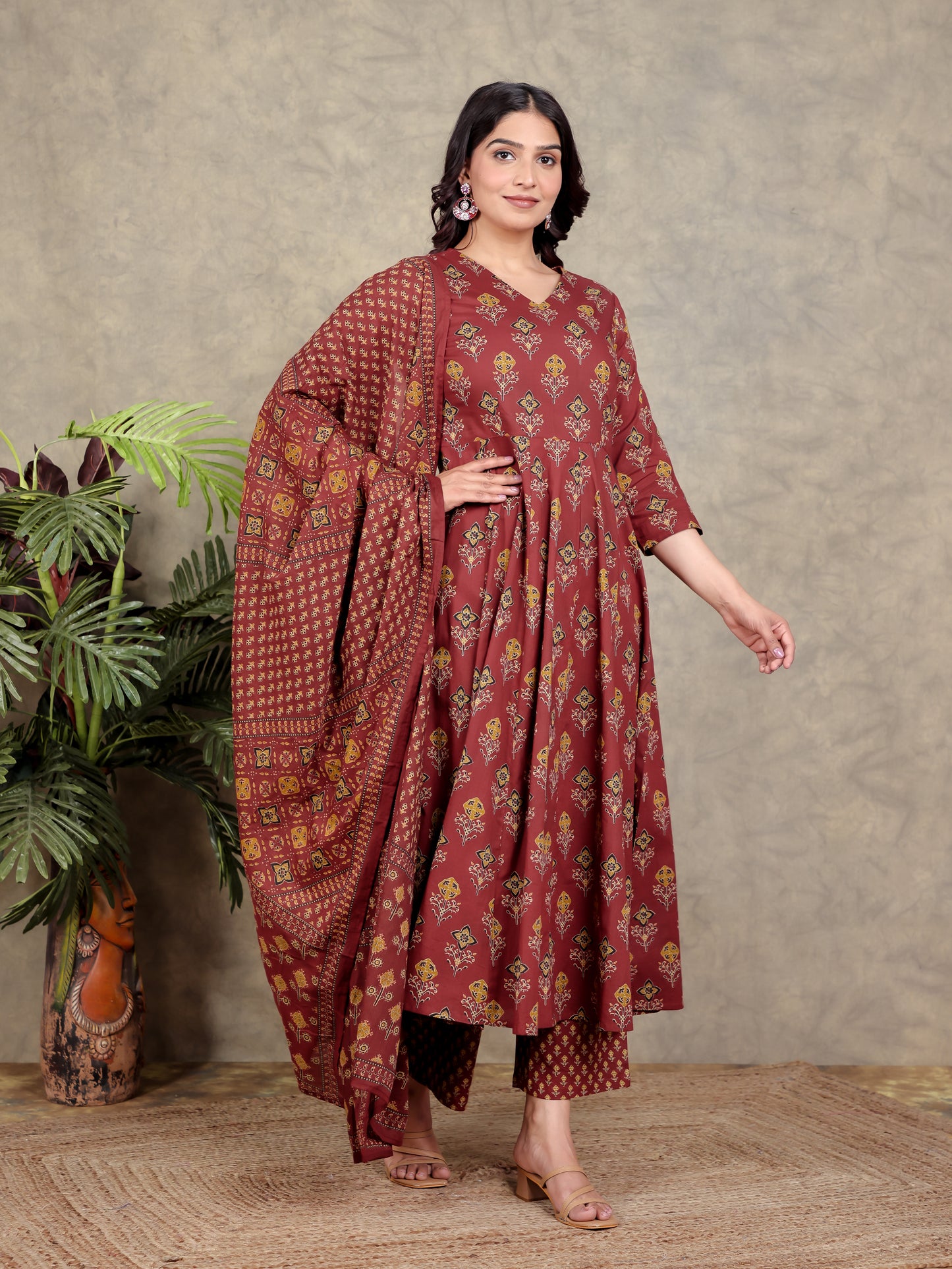 Soft Cotton Geometric Angrakha Red Kurta