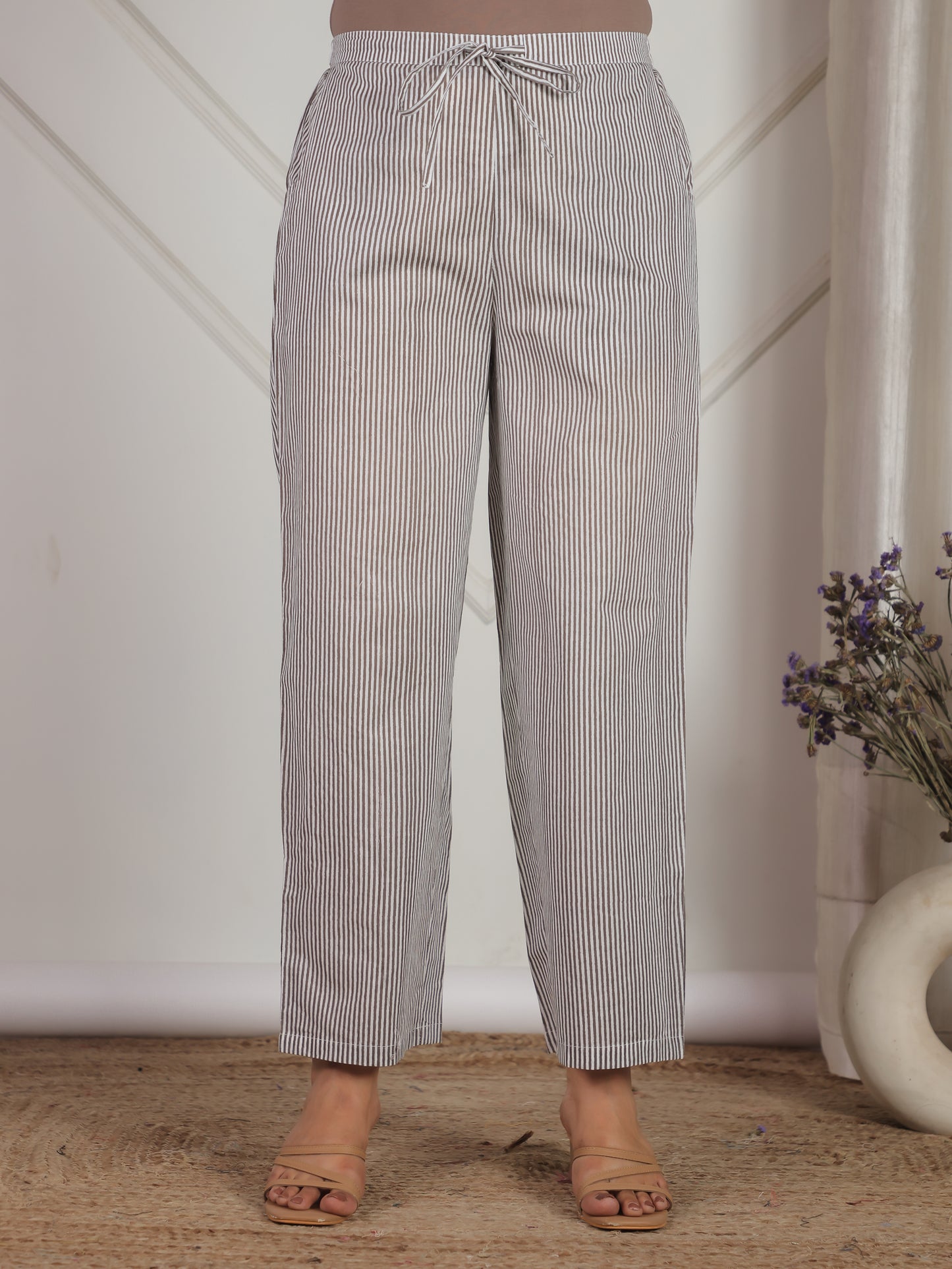 Soft Cotton Striped Off White Straight Trousers