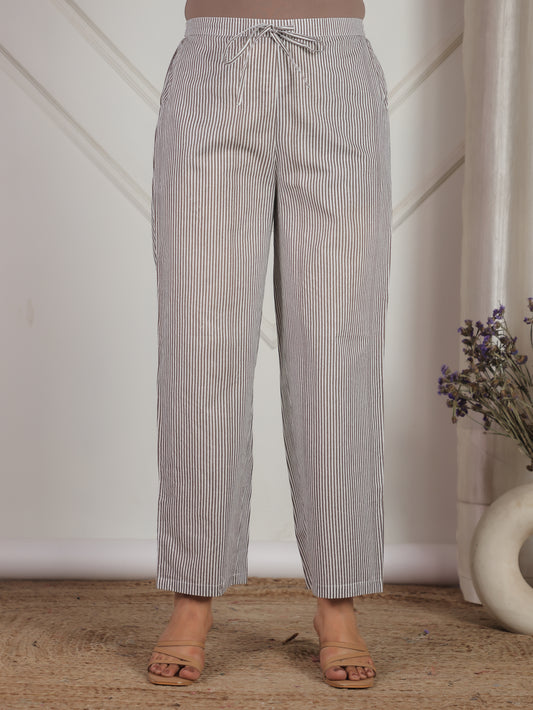 Soft Cotton Striped Off White Straight Trousers