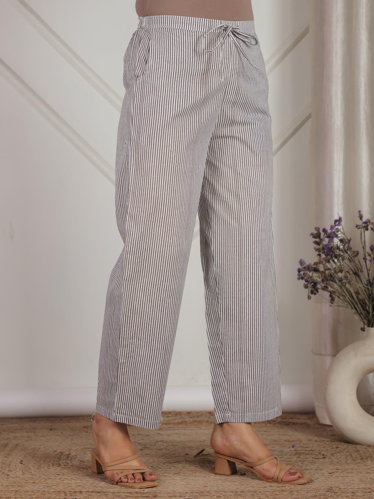 Soft Cotton Striped Off White Straight Trousers
