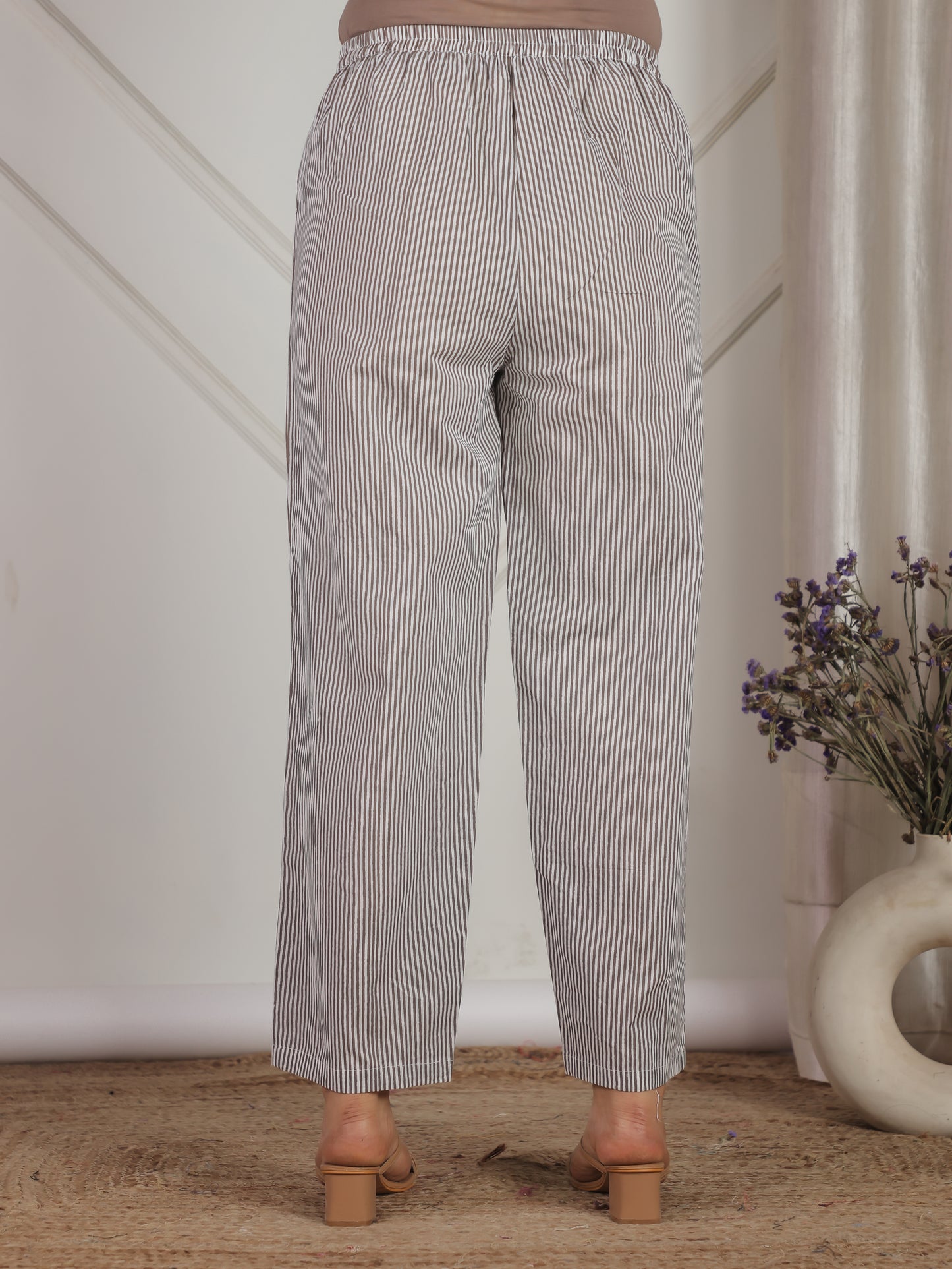 Soft Cotton Striped Off White Straight Trousers