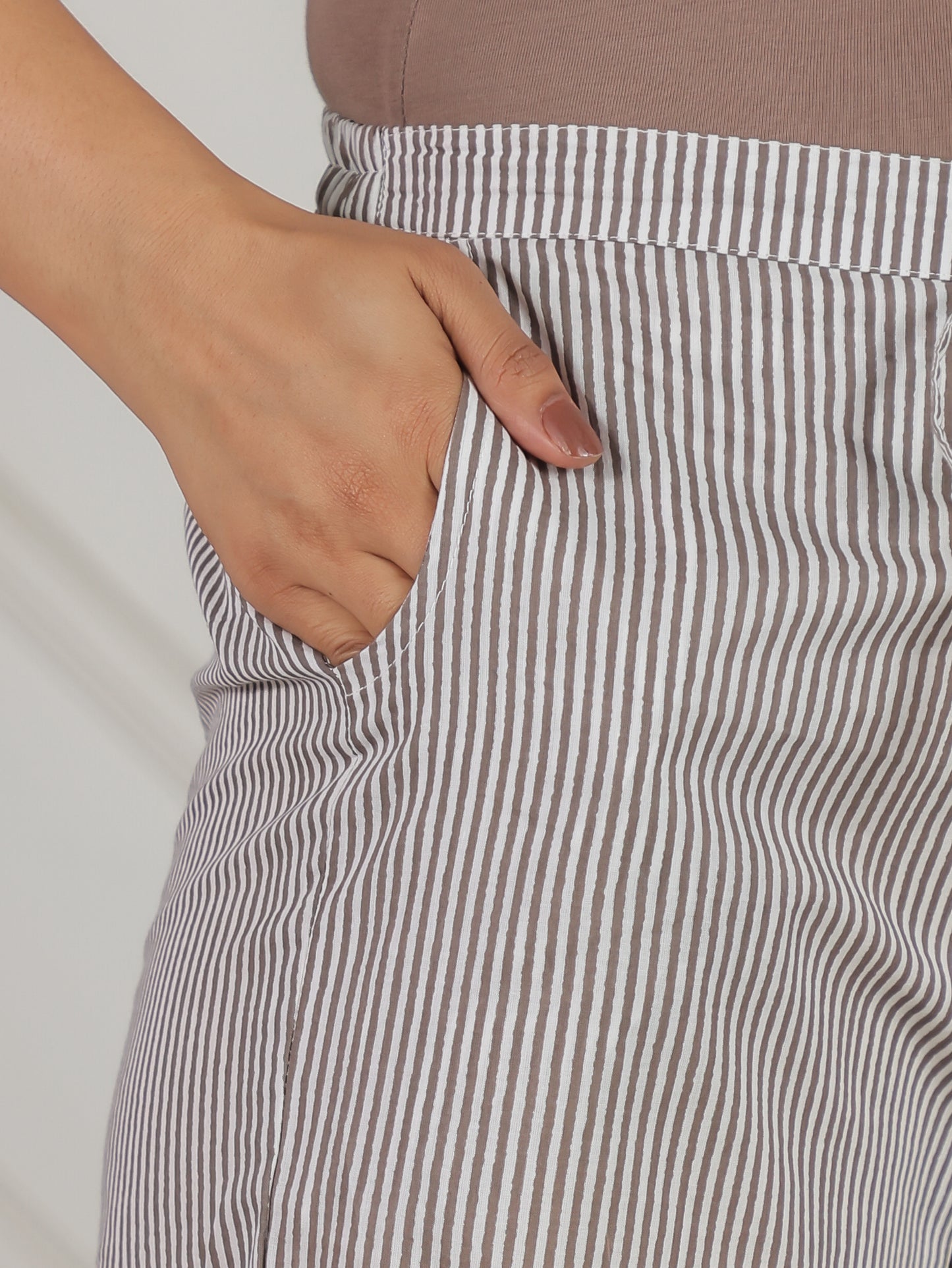 Soft Cotton Striped Off White Straight Trousers