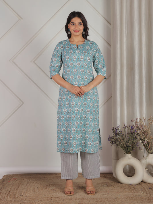 Soft Cotton Geometric Straight Blue Kurta