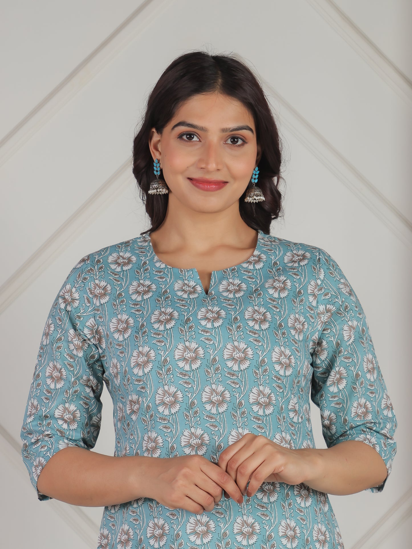 Soft Cotton Geometric Straight Blue Kurta