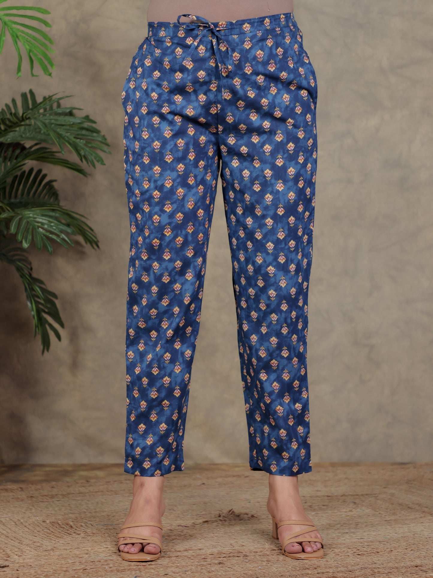 Soft Cotton Floral Blue Trousers  Tapered Trousers