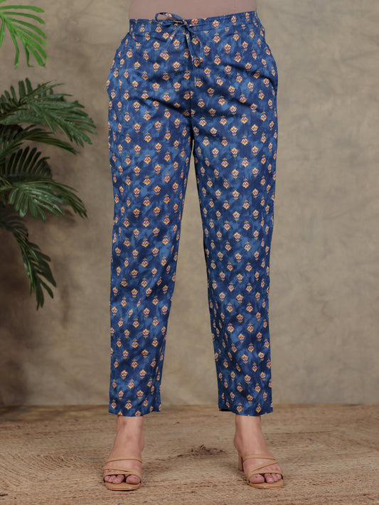 Soft Cotton Floral Blue Trousers  Tapered Trousers