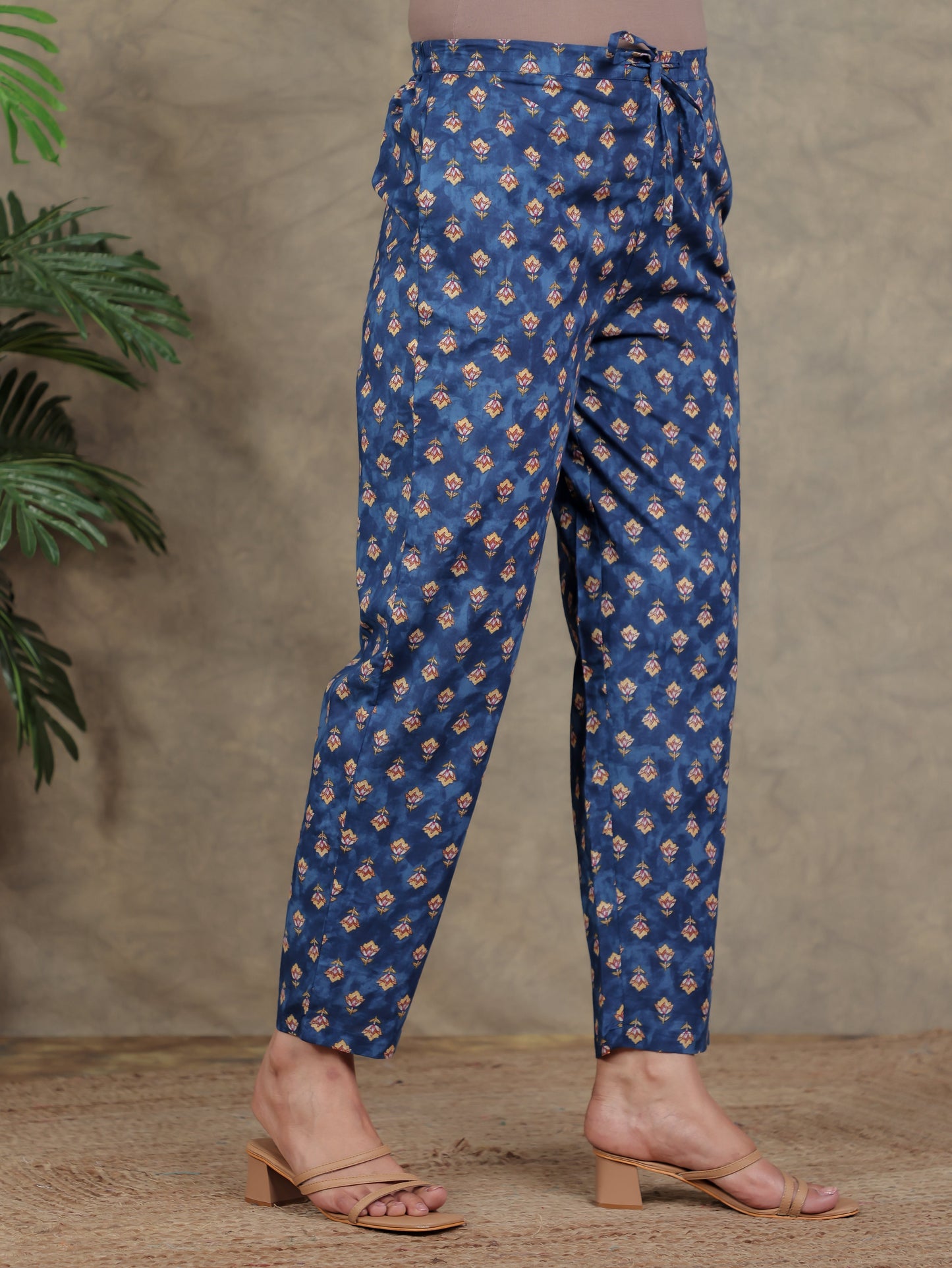 Soft Cotton Floral Blue Trousers  Tapered Trousers