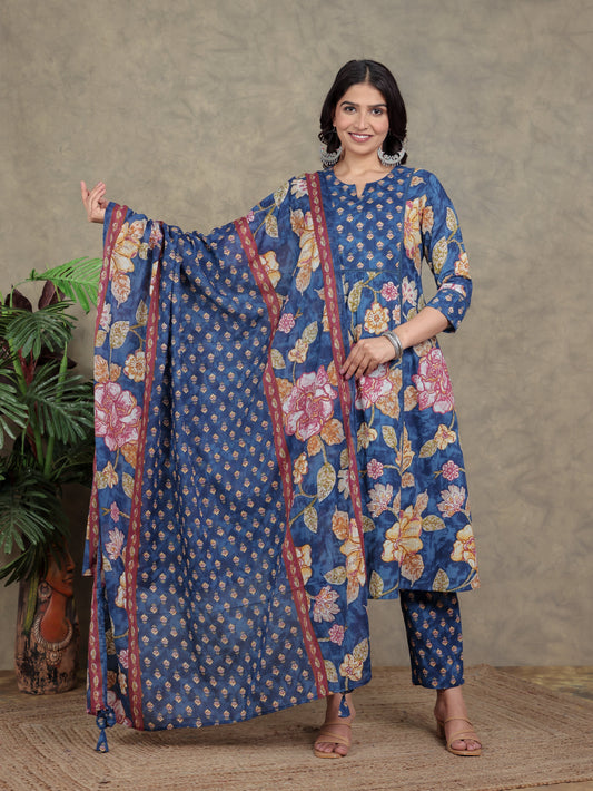 Cotton Voile Floral Blue Dupatta