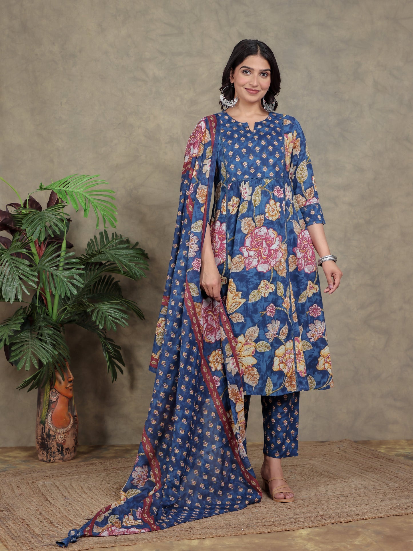 Cotton Voile Floral Blue Dupatta