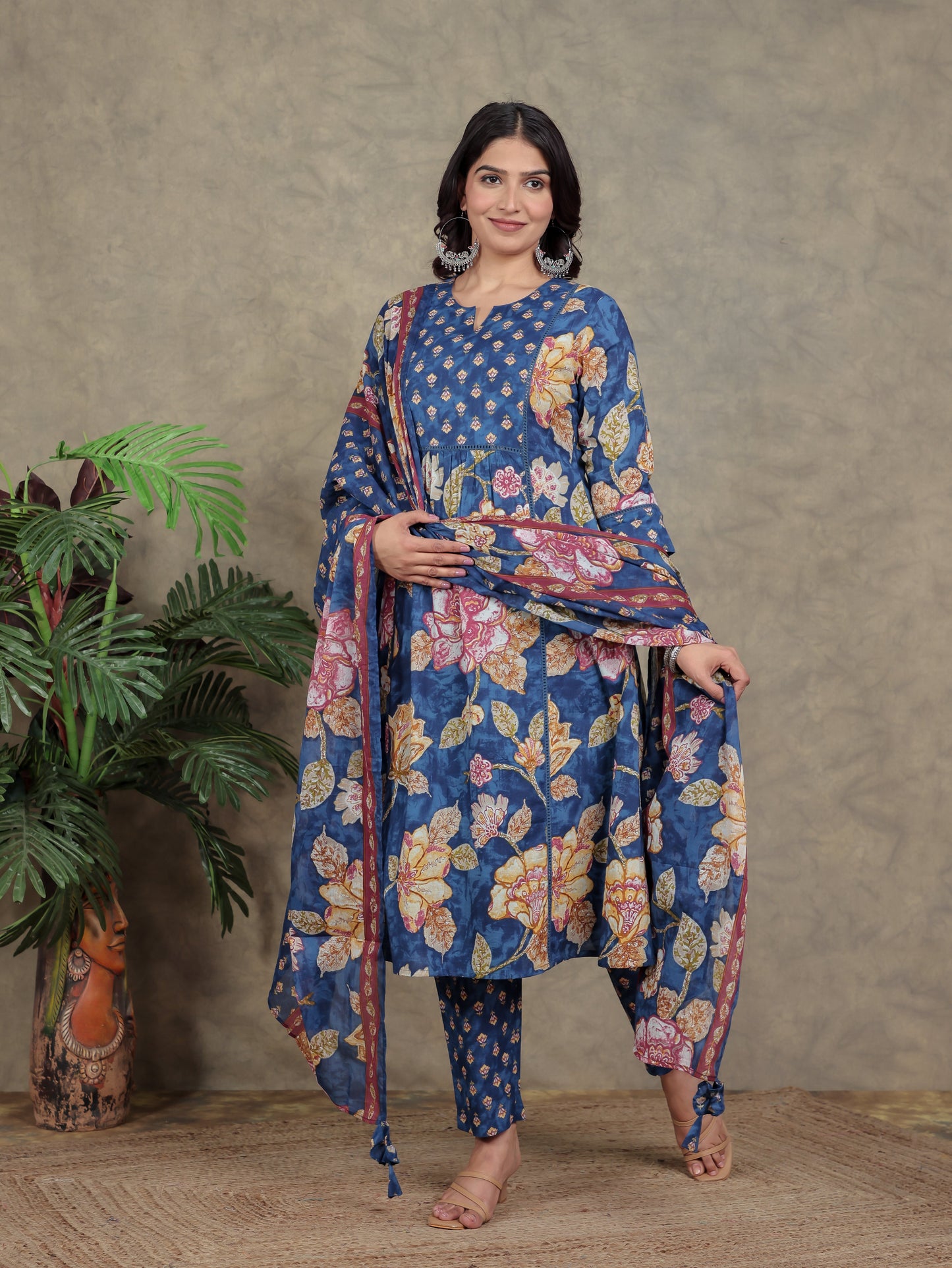 Soft Cotton Floral Panelled Blue Kurta