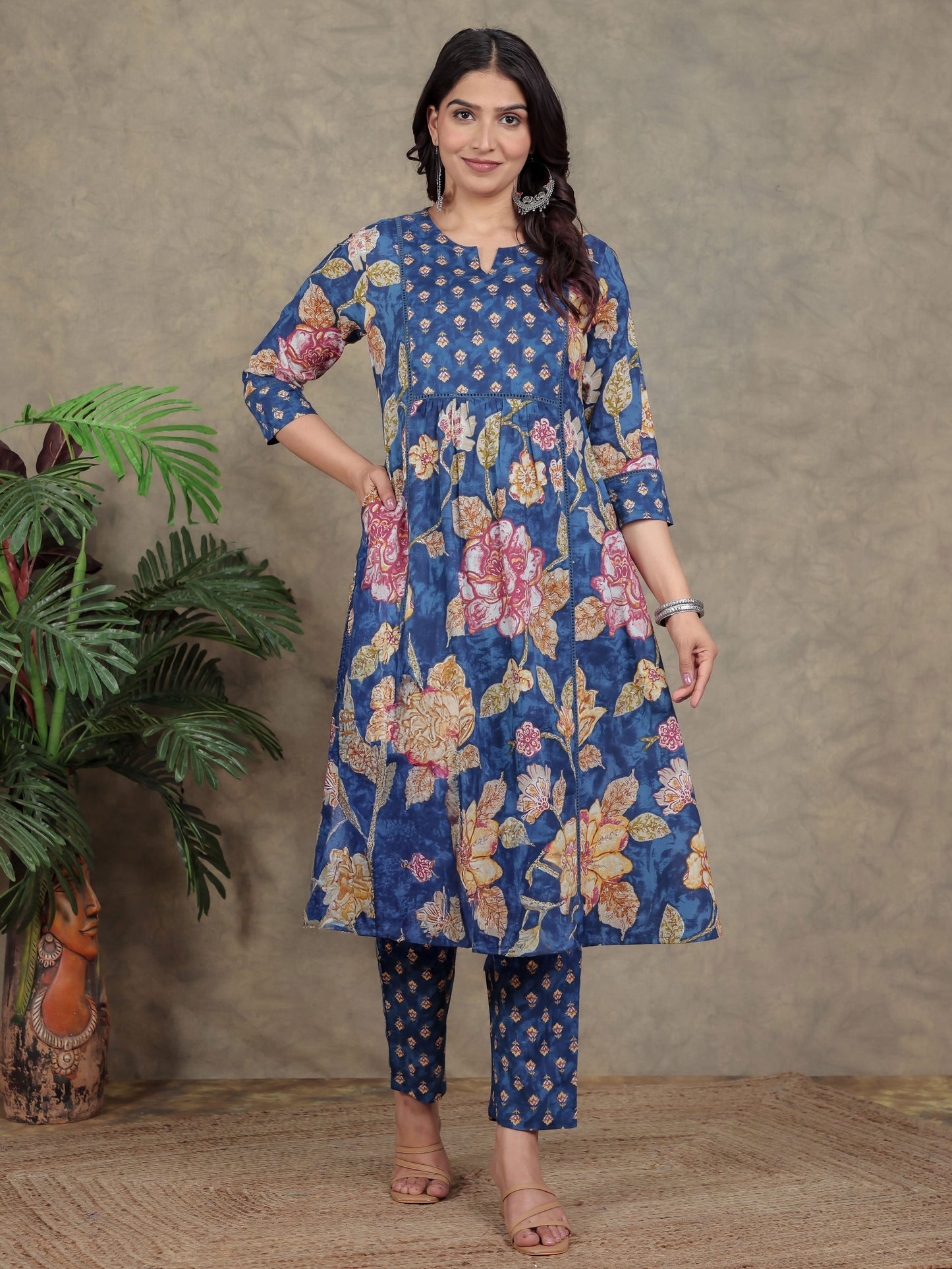 Soft Cotton Floral Flared Blue Kurta
