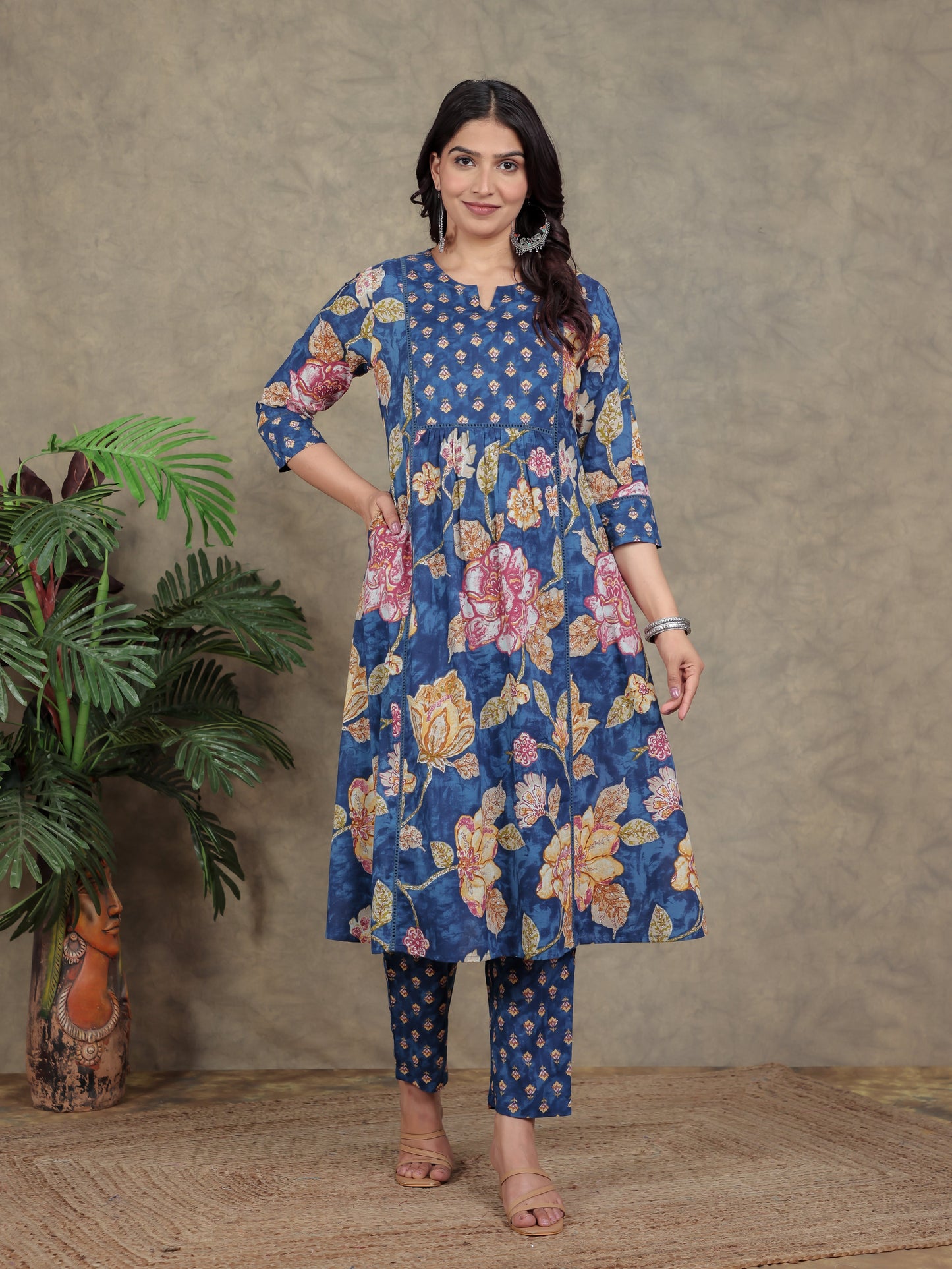 Soft Cotton Floral Panelled Blue Kurta